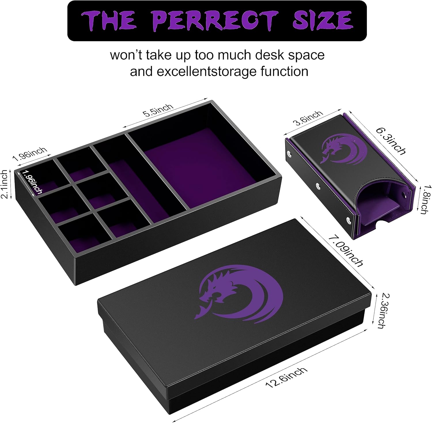 3 in 1 Dice Rolling Tray Dice Tower and Dice Storage, DNDND Portable Rectangle Storage with Lid for Table Game Dungeons and Dragons D&D or Tabletop RGP Gaming (Purple Velvet and Black PU Leather)