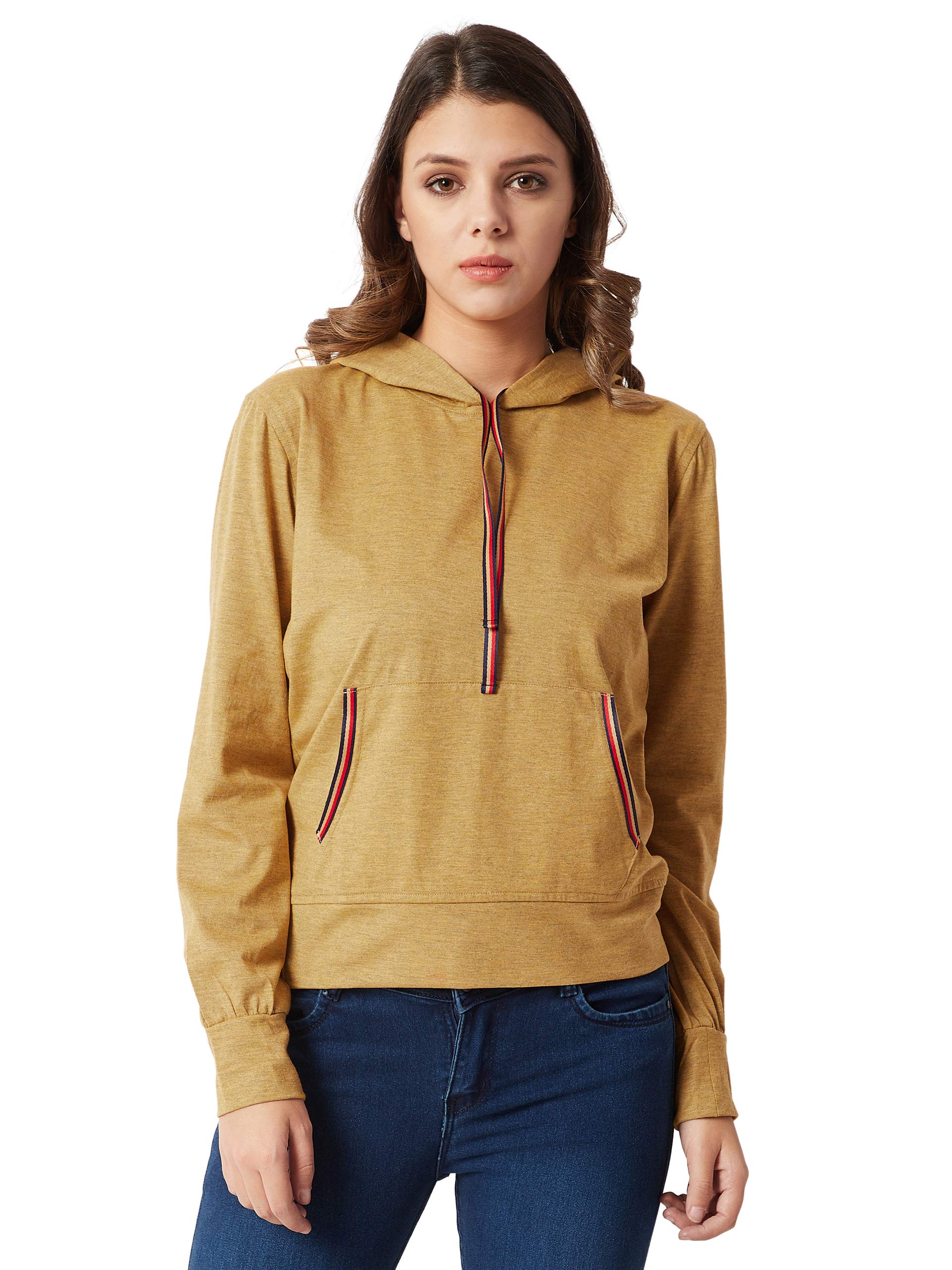 Miss Chase Women's Mustard Yellow Cotton Hooded Sweatshirt