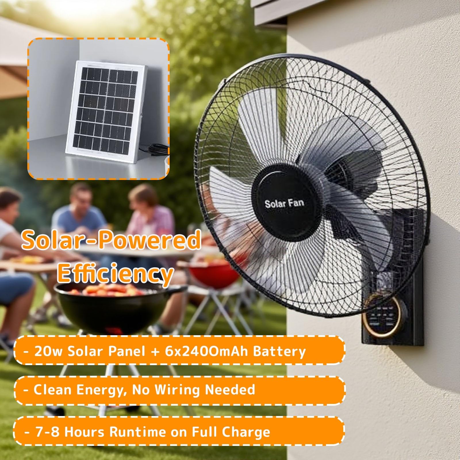 Ventilateur Solaire Mural Silencieux Télécommande, 3 Vitesses Oscillant Avec Minuterie, Inclinaison Réglable, Intérieur Extérieur, Panneau Solaire Ou Prise