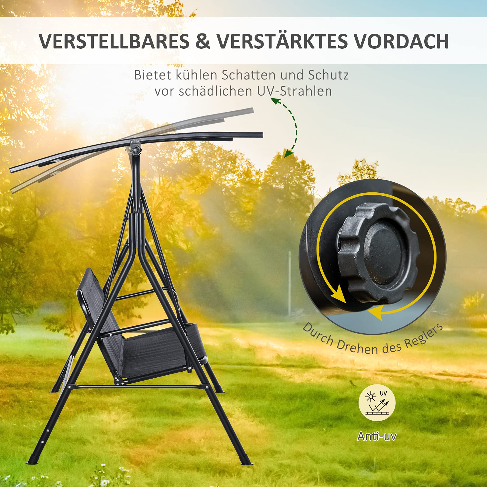 Outsunny 2-Sitzer Hollywoodschaukel Outdoor Gartenliege UV-beständig Hochwertiges Metallrohr winkeleinstellbar Schwarz