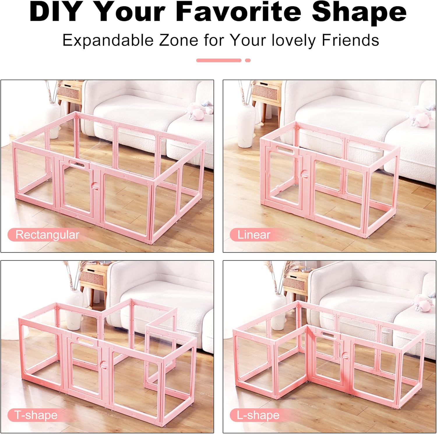 Clear Acrylic Plastic Dog Playpen Indoor - Easy Assemble Small Pet Play Pen for Puppy Cat Rabbit Pig Transparent Fence Enclosure Crate Kennel Whelping Cage (Pink, 12 Panel)