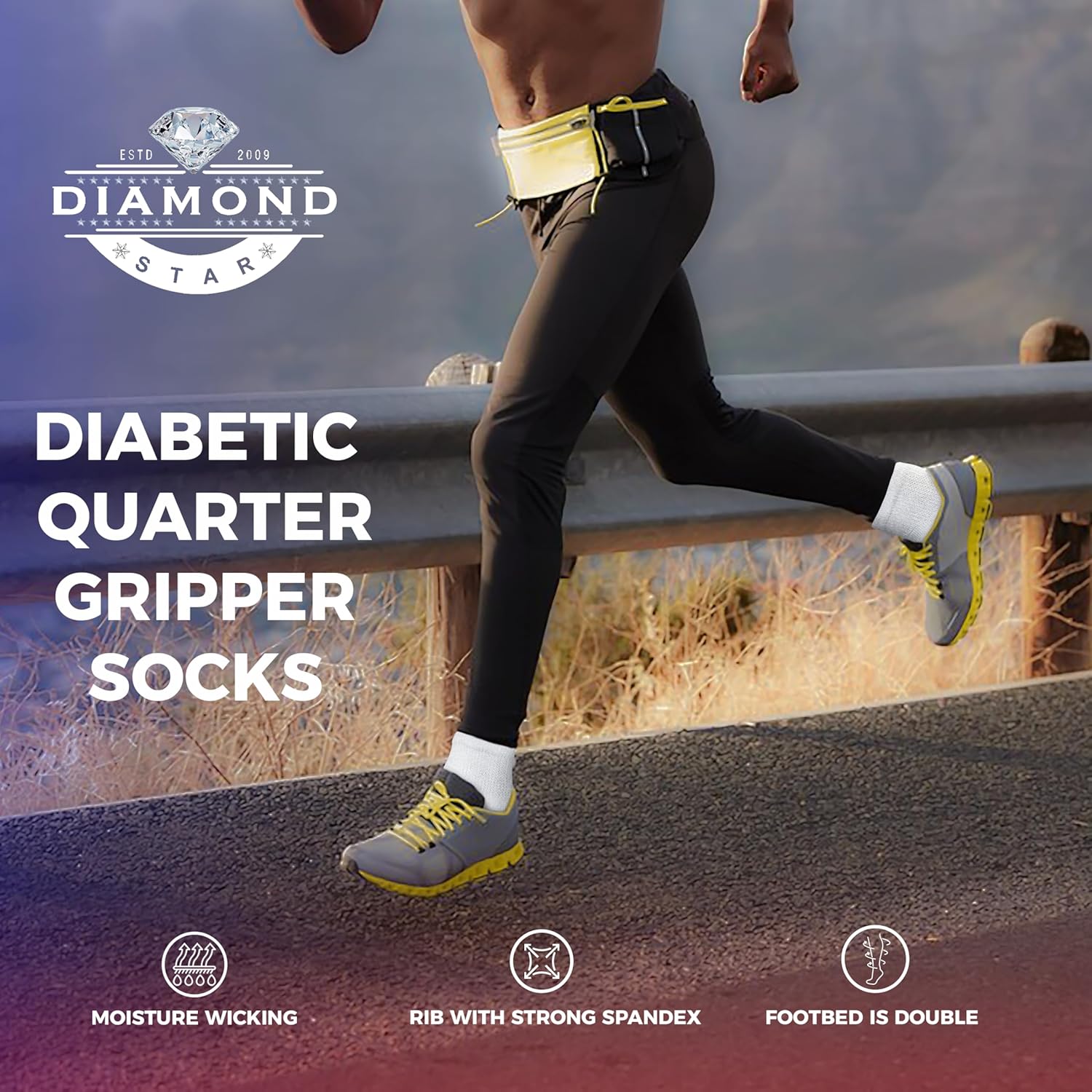 Diamond Star Diabetic Socks for Men & Women, Cushioned Cotton Quarter Socks, Non-Binding Loose Top, Therapeutic Gripper Socks