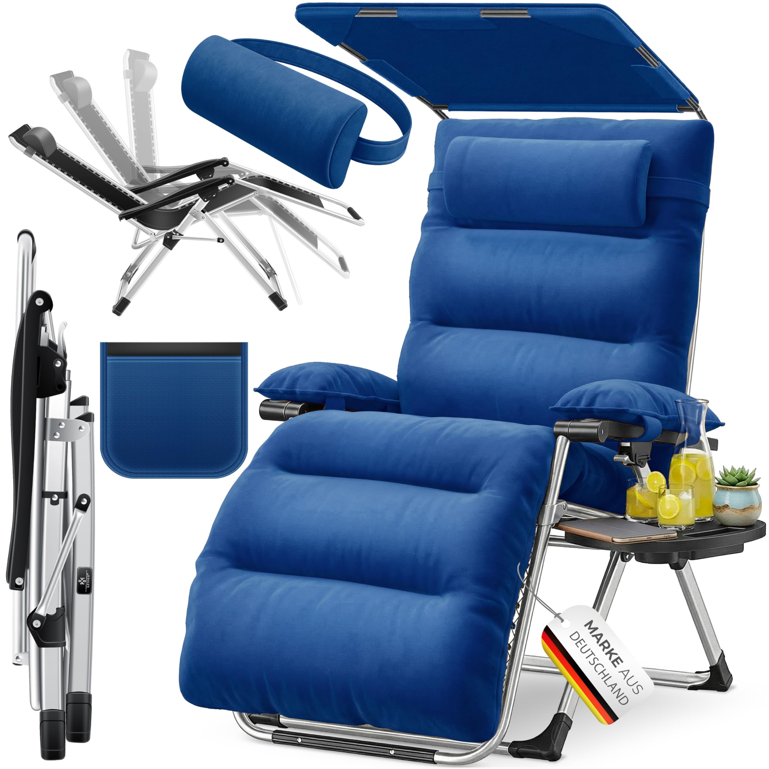 KESSER® Sonnenliege Liegestuhl,Gartenliege Wetterfest, Belastbar 200kg, Ergonomisches Polster verstellbare Rückenlehne inkl. Nackenkissen Getränkehalter Armpolster & Seitentasche mit Dach Navyblau
