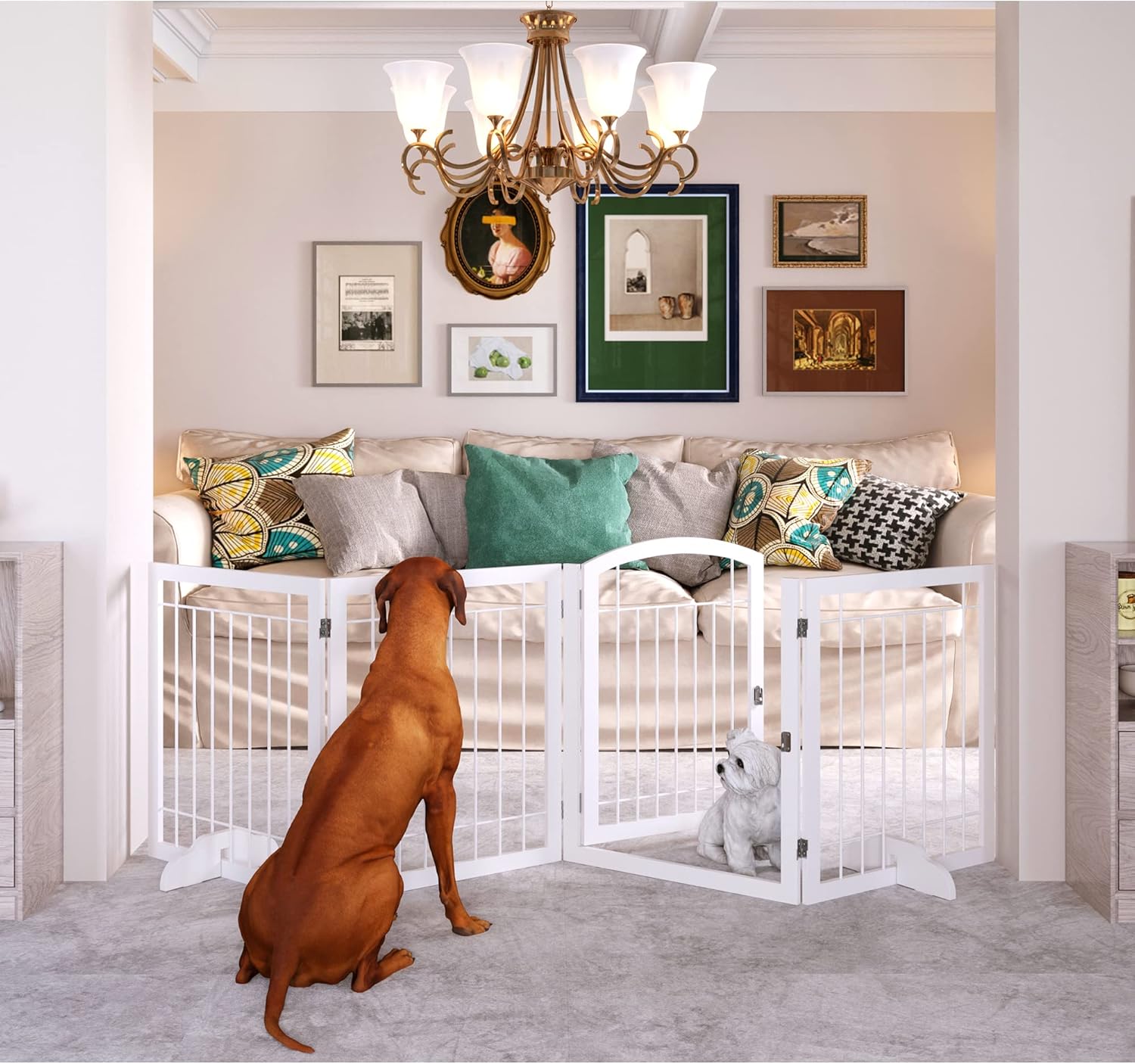 JSB 96-inch Extra Wide 30-inch Tall Dog gate with Door Walk Through, Freestanding Pet Gate for Halls, Stairs & Home, Pet Puppy Safety Dog Fence with 2PCS Support Feet (White) 4 Panels with Door White