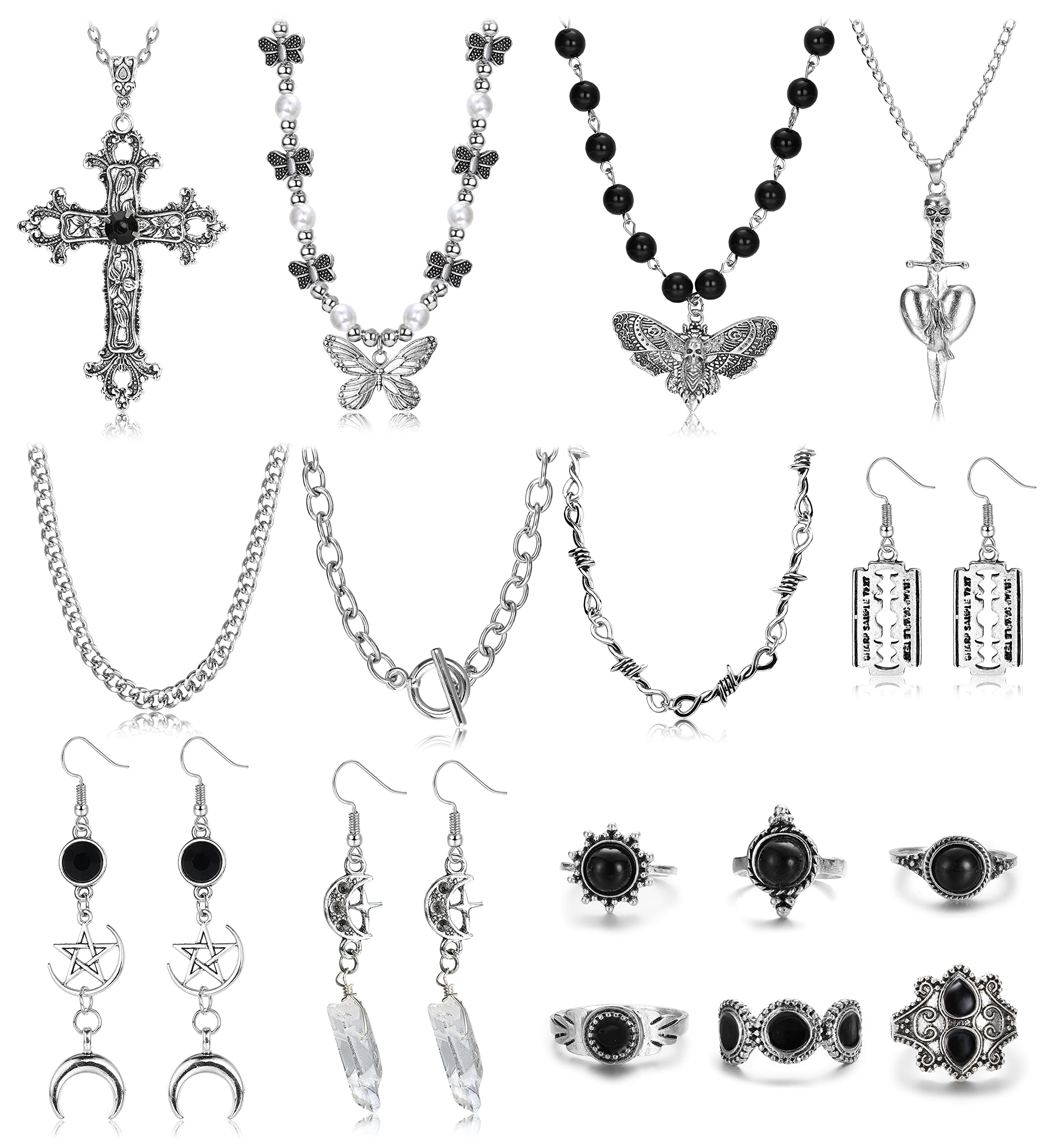 Haiaisohaiaiso 16 Pcs Grunge Gothic Jewelry Set Punk Necklace Set