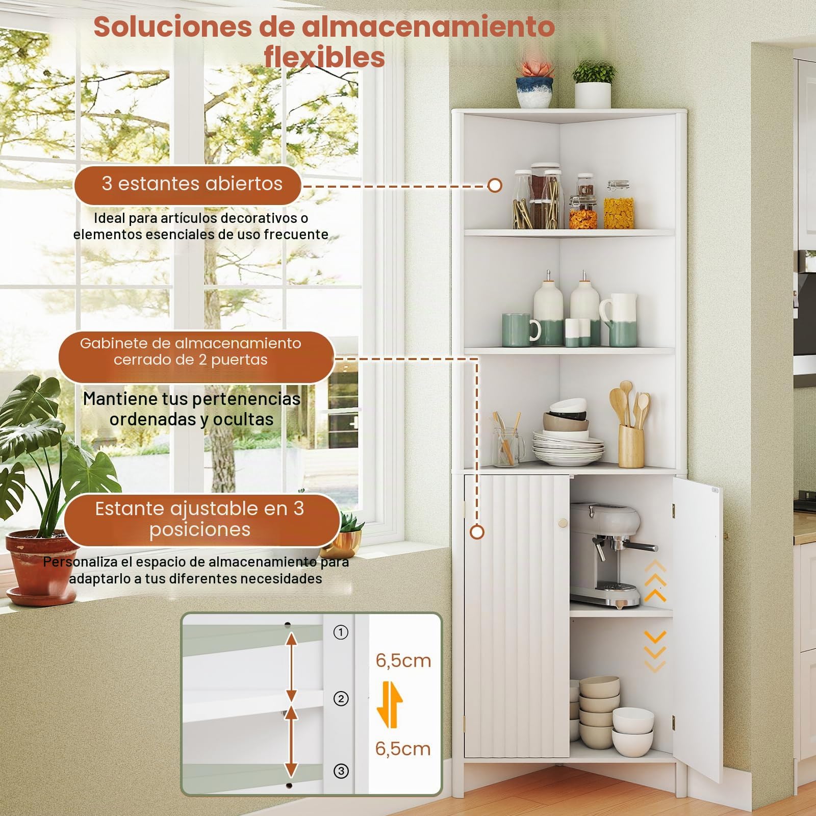 LIFEZEAL Mueble de baño esquinero para Ahorrar Espacio, Armario de baño de Esquina, 58 x 32 x 172,5 cm, aparador de Cocina, despensa, con estantes Ajustables, 5 Compartimentos, 2 Puertas (Blanco)