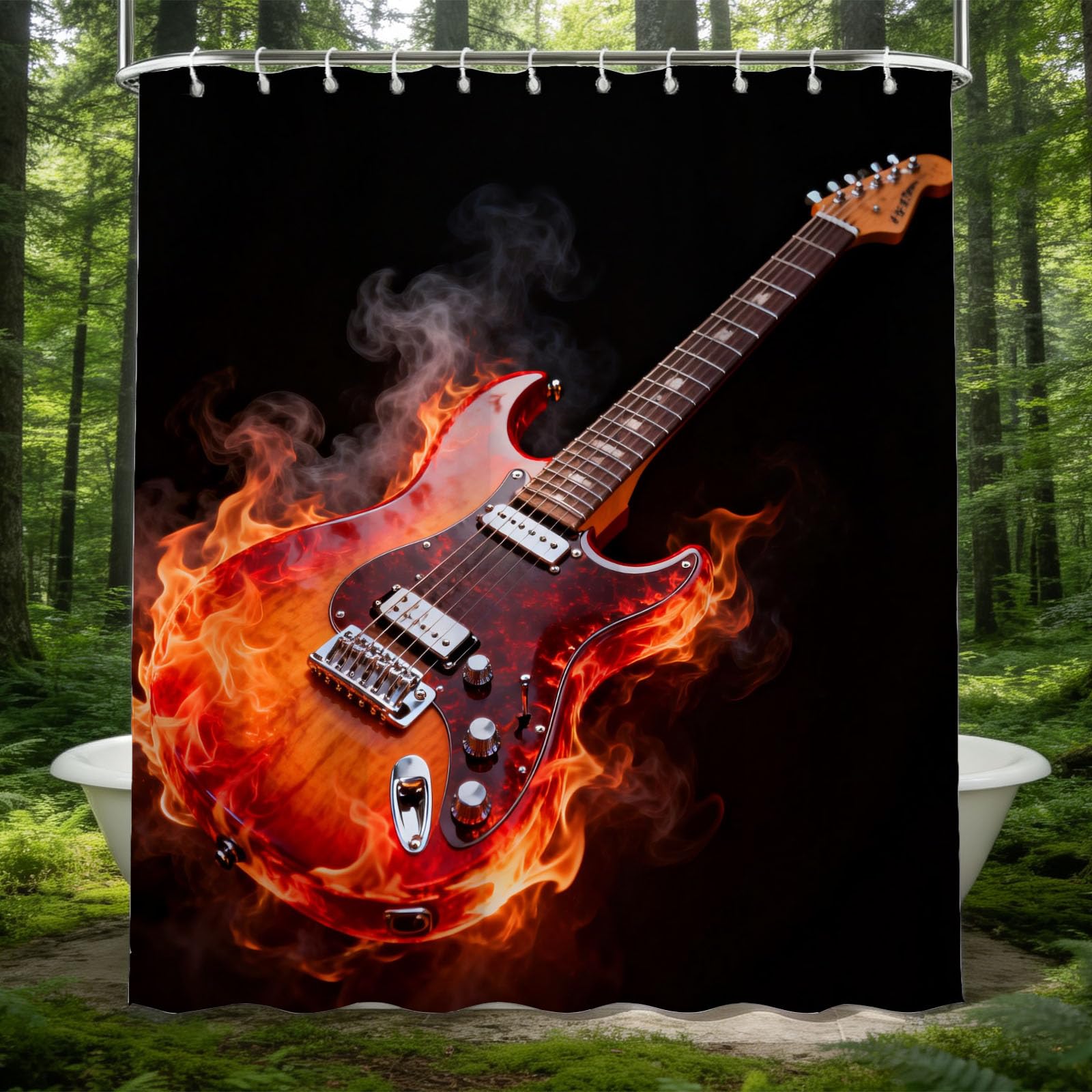 Hongduo 3D Flame Guitar Shower Curtain for Stalls Bathtubs Smoke Bathroom Decor Shower Curtain Set Polyester Fabric Waterproof 180x200cm/71X79 Inch with Hooks