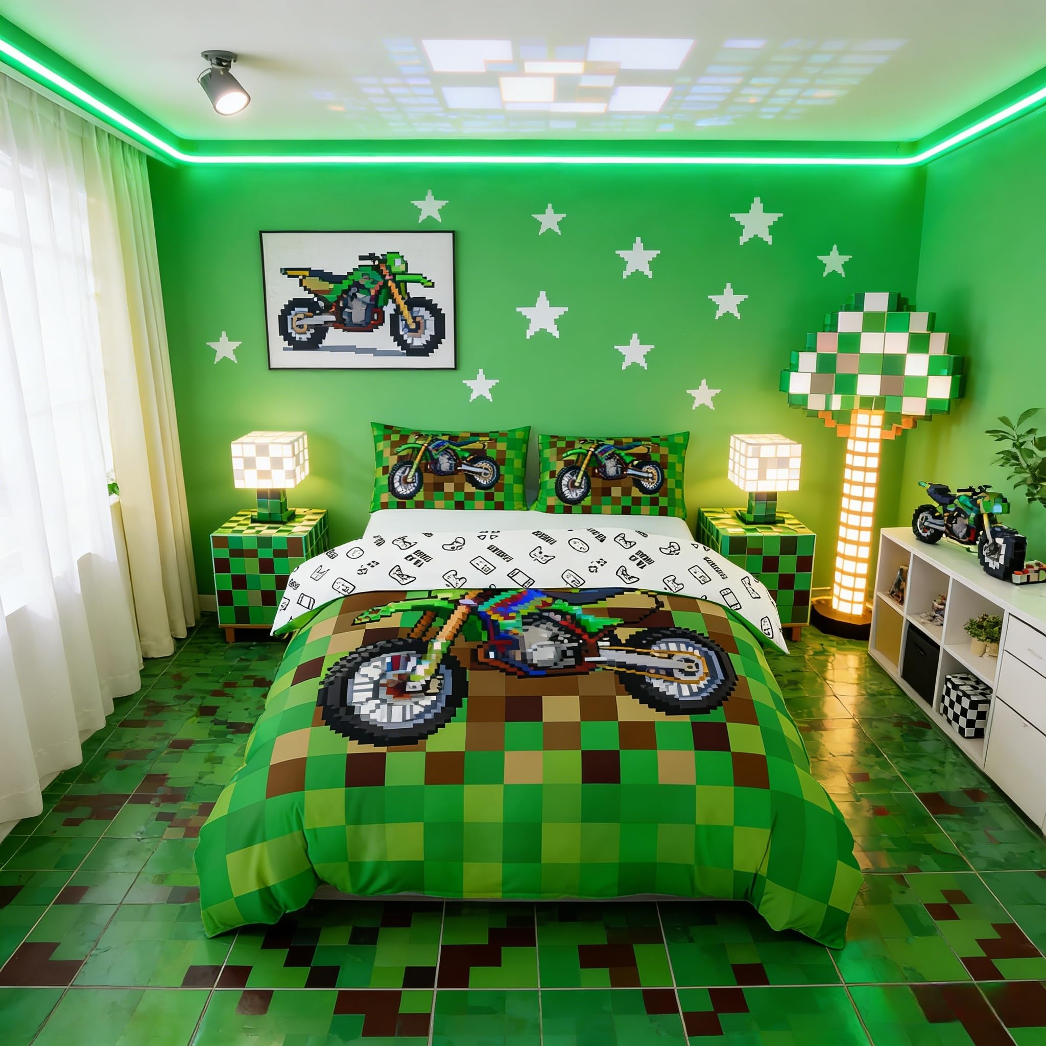 Manfei Cool Motorcycle Kids Duvet Cover Set Single Size,Pixelated Geometric Grid Bedding Set for Boys Girls Room Decor,Miners Gamepad Quilt Covers,Brown Green Comforter Cover,1 Pillowcase,No Filler — image 1