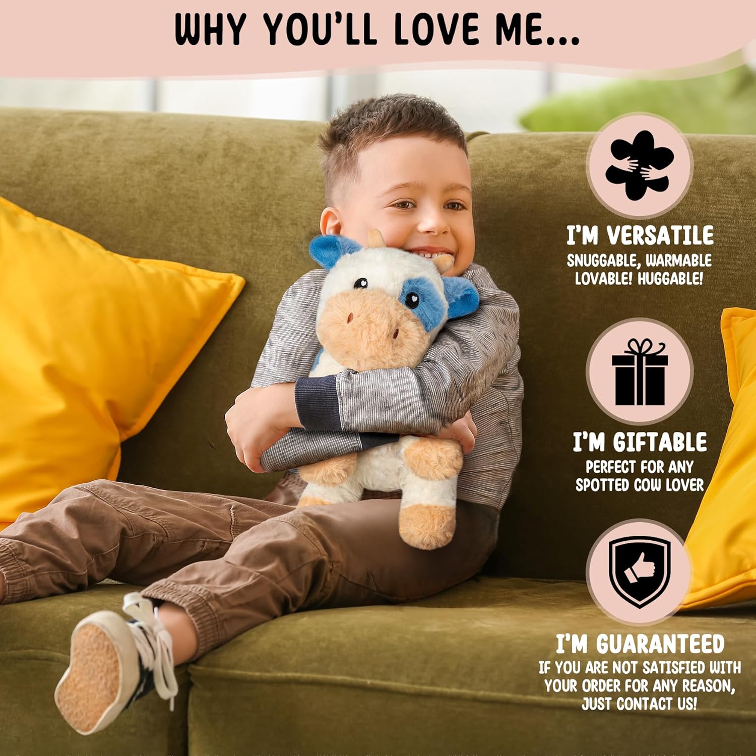 Cow Microwavable & Weighted Stuffed Animals - 1.5 Lbs Unscented Heating Pad for Period Cramps Pain Relief and Anxiety, Cute Cow Plush Toys Gifts for Women Girls Adults and Kids by Happy Fuel