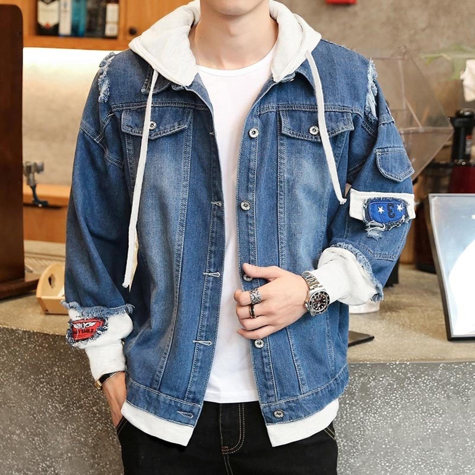 Yujun Giacca da Uomo in Denim Streetwear Hip Hop Maschio con Cappuccio Jean Giacche Maschio Casual Allentato Tuta Sportiva 2021 Nuova Primavera Moda Slim Fit Coat