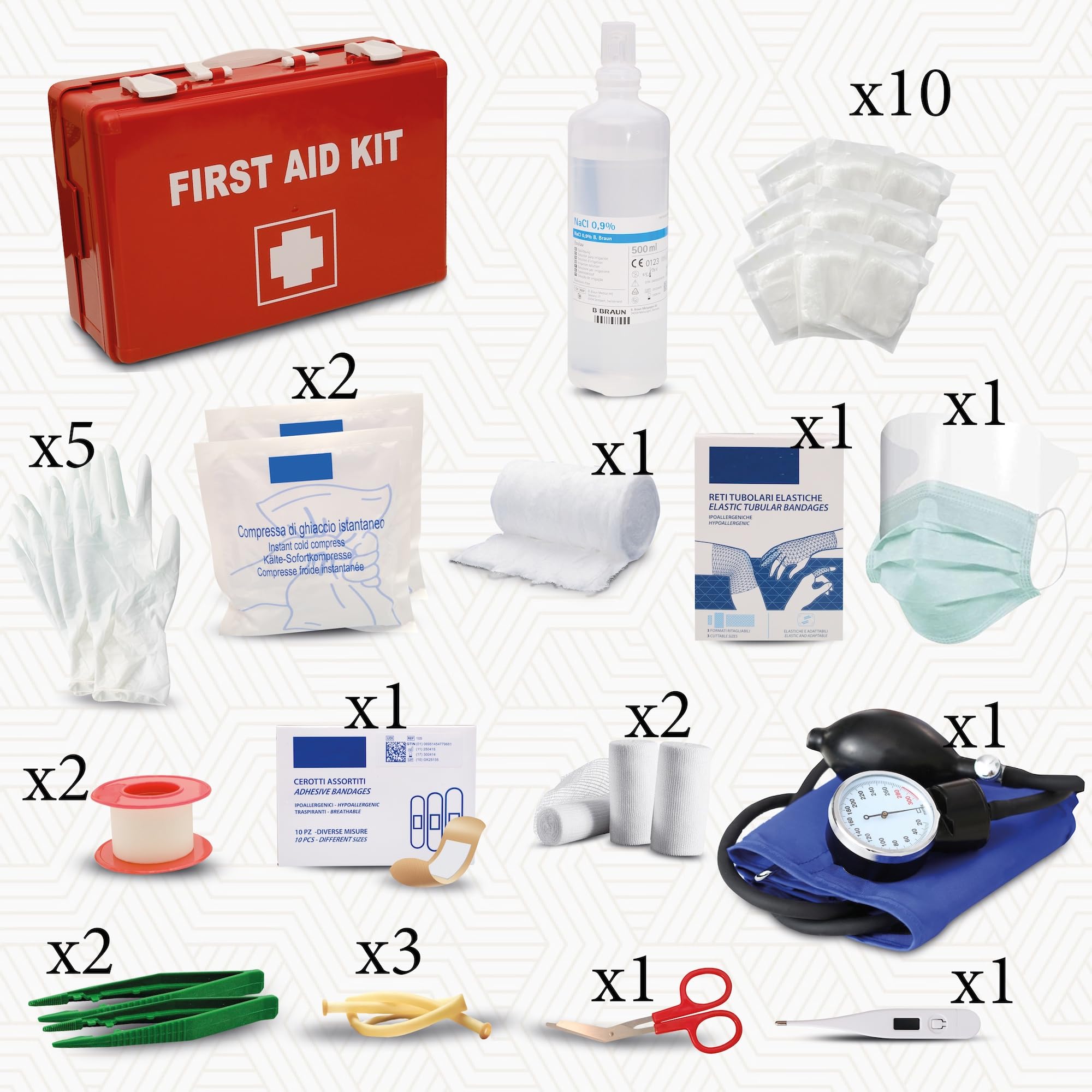 DETERMONDO Kit Pronto Soccorso con Allegato 1 Conforme al DM 388/DL81 per Aziende oltre 3 Dipendenti Cassetta Rigida con Staffa da Muro Formato Professionale Made in Italy