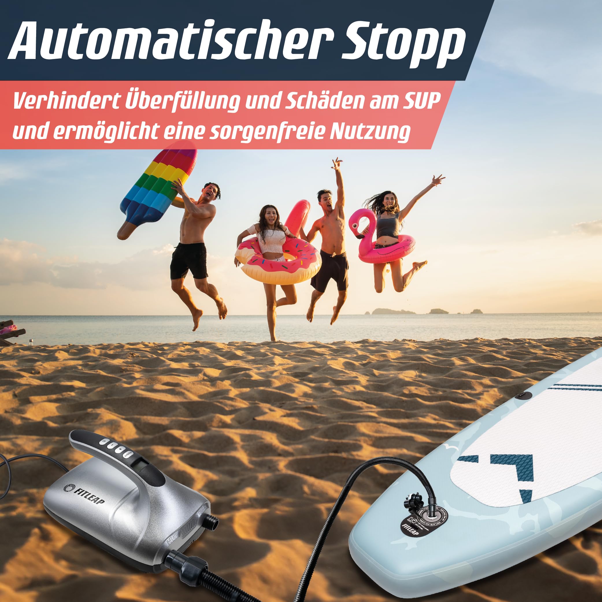 Fitleap SUP Pumpe elektrisch 20 PSI, pumpt das Board in wenigen Minuten auf | Zieldruck am LCD-Display genau einstellbar. Die Abschaltautomatik verhindert Überfüllung und Schäden an Ihrem Equipment