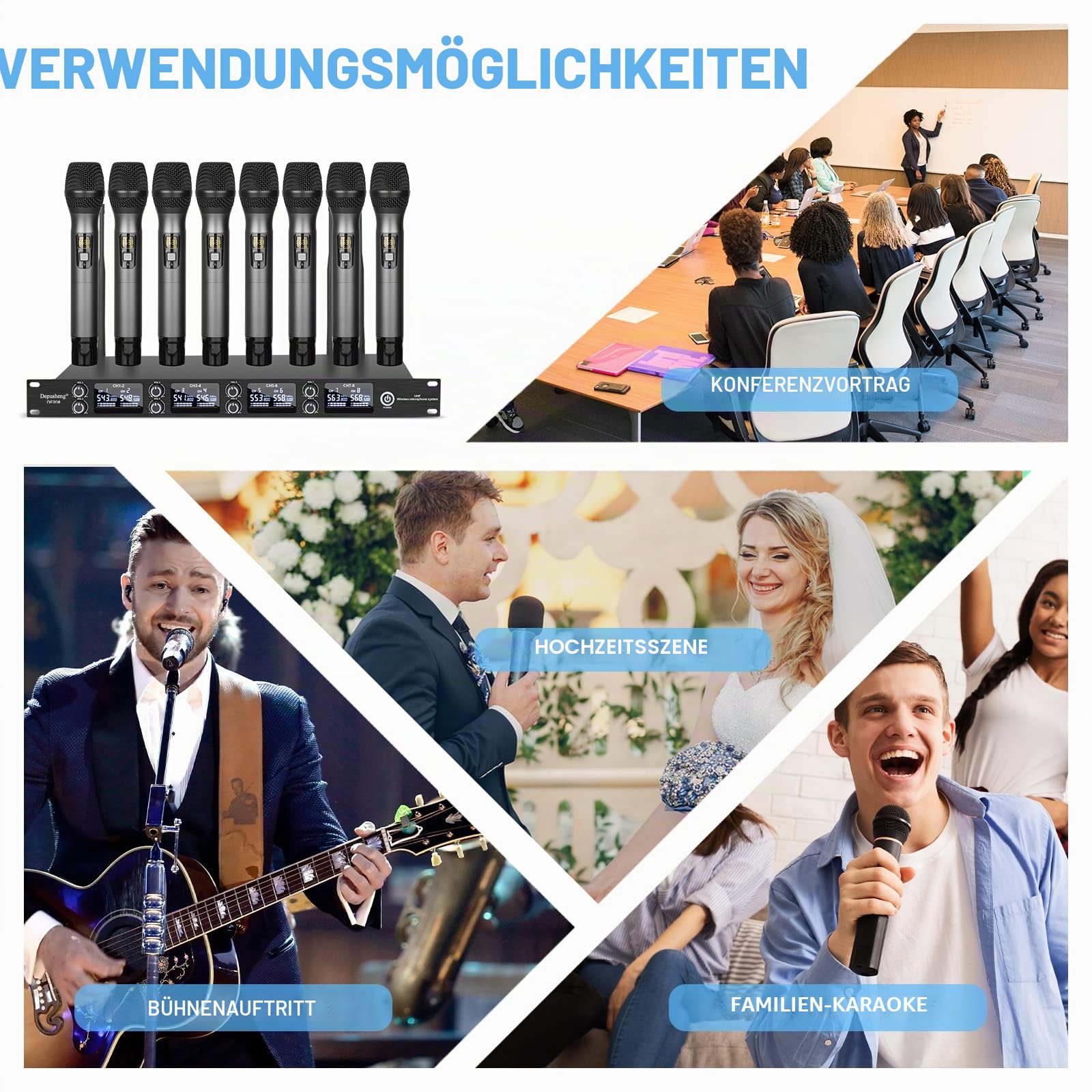Depusheng DF208 UHF kabellos Funkmikrofon Set 8 Kanal professionelles dynamisches Handmikrofonsystem Metallgehäuse automatische Frequenzkopplung geeignet für Bühne Konferenz Hochzeit Bar