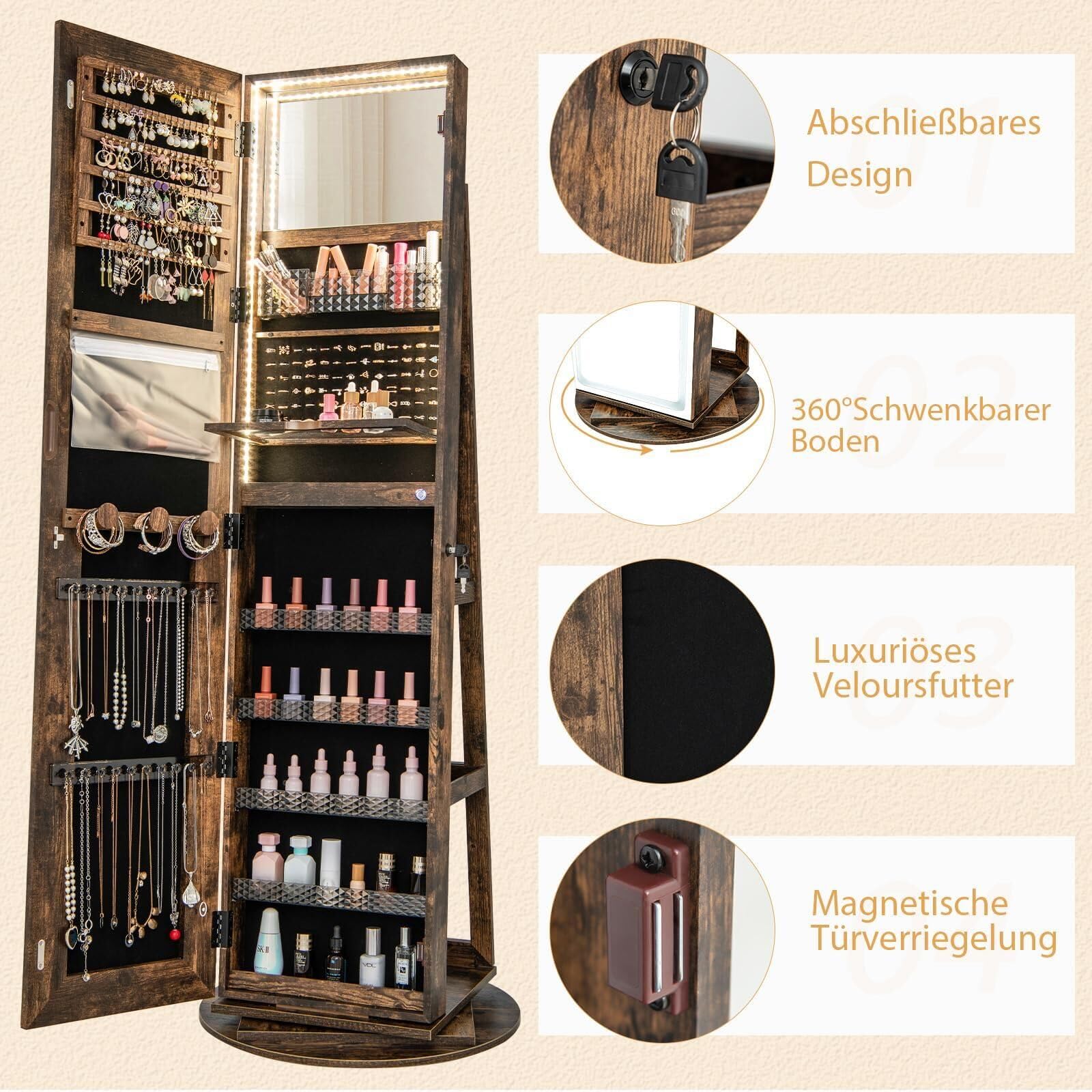 RELAX4LIFE Schmuckschrank, Schmuck Spiegelschrank stehend, Standspiegel mit LED-Lichtern, mit Ganzkörperspiegel, 3 Ablagen, 360° drehbar, abschließbar, mit Schlüsseln(Kaffee)
