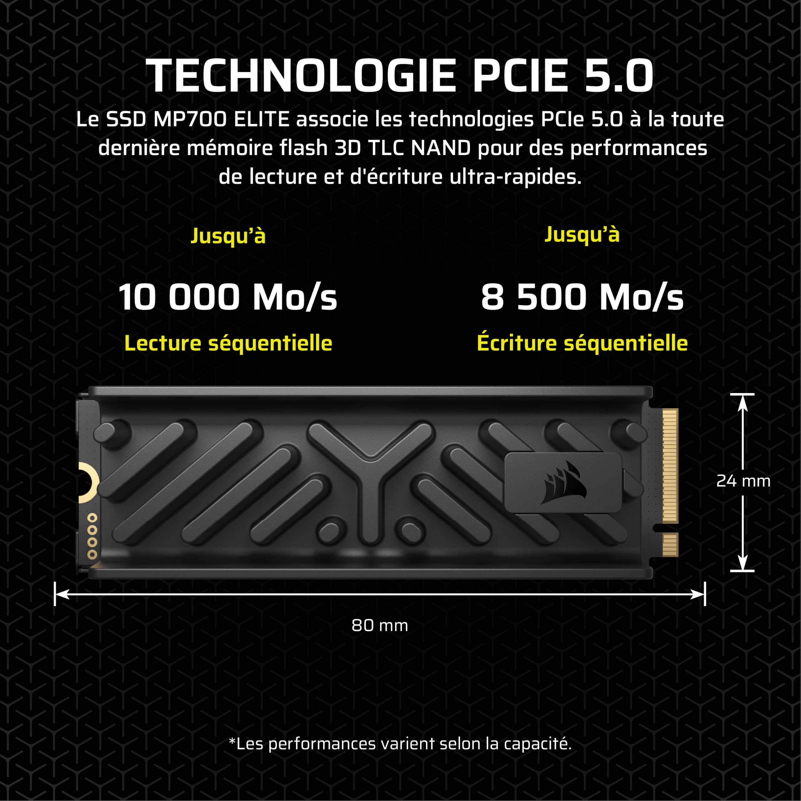 Corsair MP700 Elite 4 to Disque SSD M.2 2280 NVMe PCIe 5.0 x4 avec Dissipateur Thermique — Jusqu’à 9 400 Mo/s en Lecture, 8 100 Mo/s en Écriture, NAND 3D TLC — PC et Ordinateur Portable Stockage