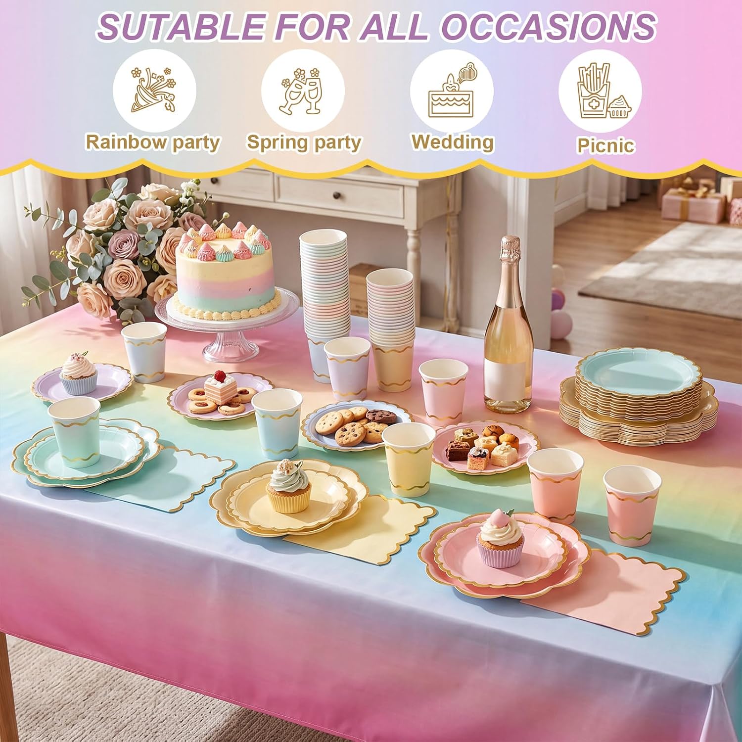 Yungyan 97 Pcs 24 Set Pastel Party Supplies, Gradient Rainbow Party Plates and Napkins Set with Tablecloth, Disposable Handle Teacups and Saucers for Birthday Wedding Bridal Shower Decorations image 5