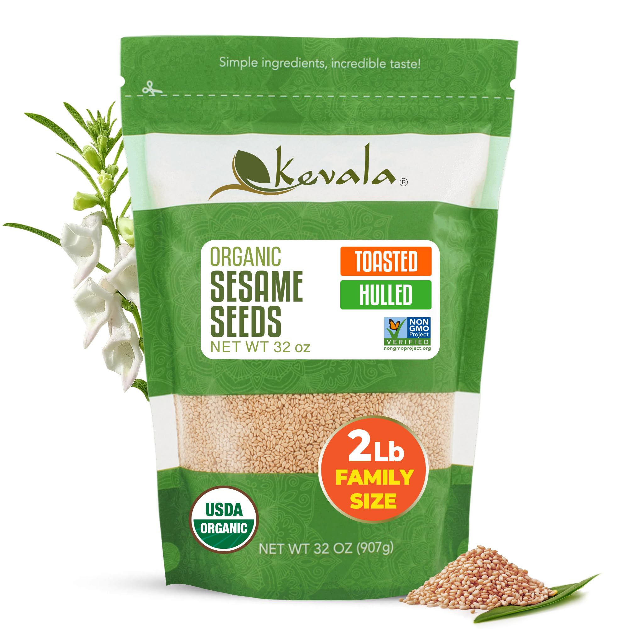 Kevala Organic Toasted Sesame (Hulled) - Gluten Free, Roasted Seeds for Tahini, Kosher, Non GMO Project Verified, Vegan Seasoning, 32 oz, 2 lb
