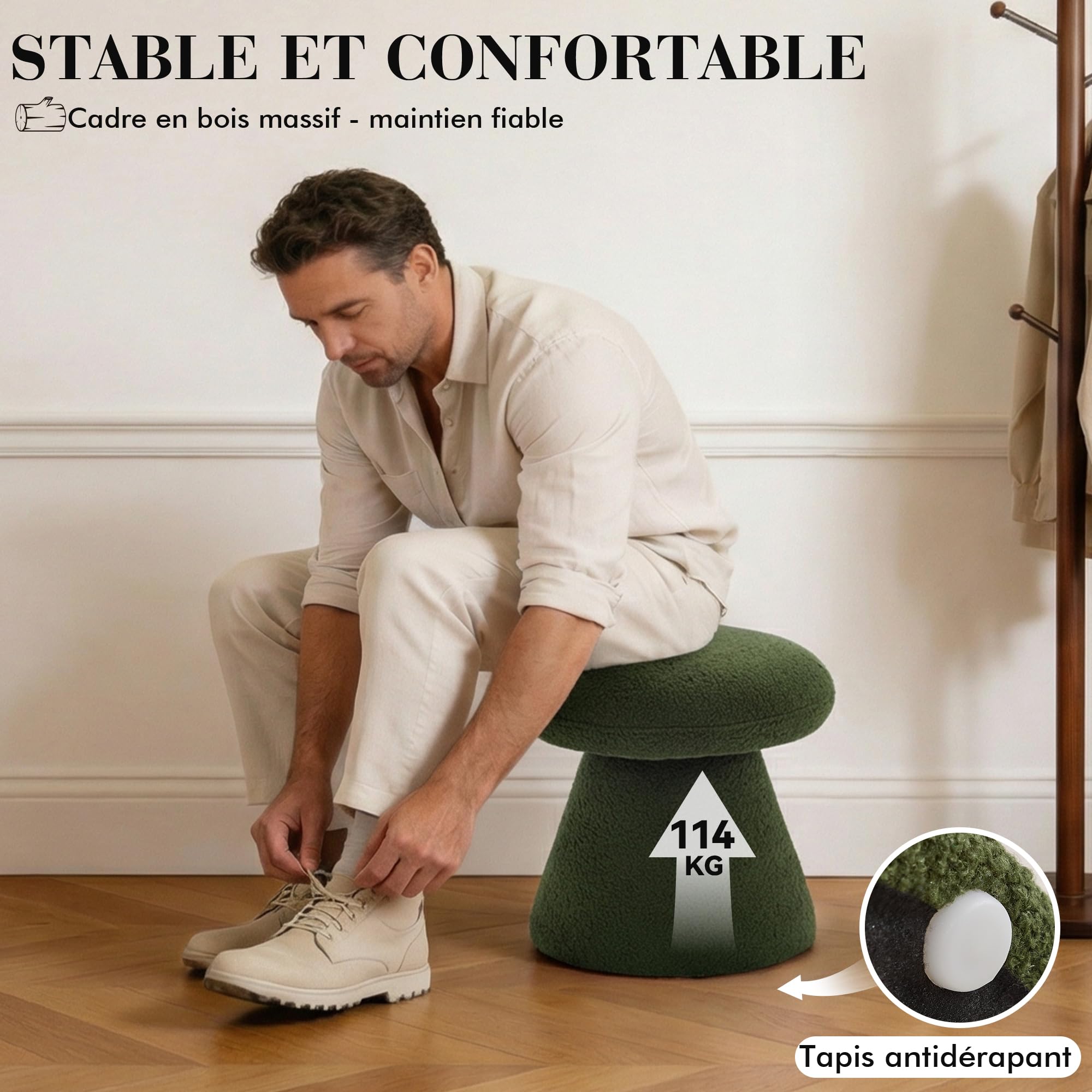 DEKKETO Tabouret de Coiffeuse Pivotant 360°, Pouf Rond Repose-Pieds Salon, Chaise Maquillage Moderne en Tissu Bouclette, Siège Rembourré Confortable pour Chambre, Dressing, Entrée, Vert