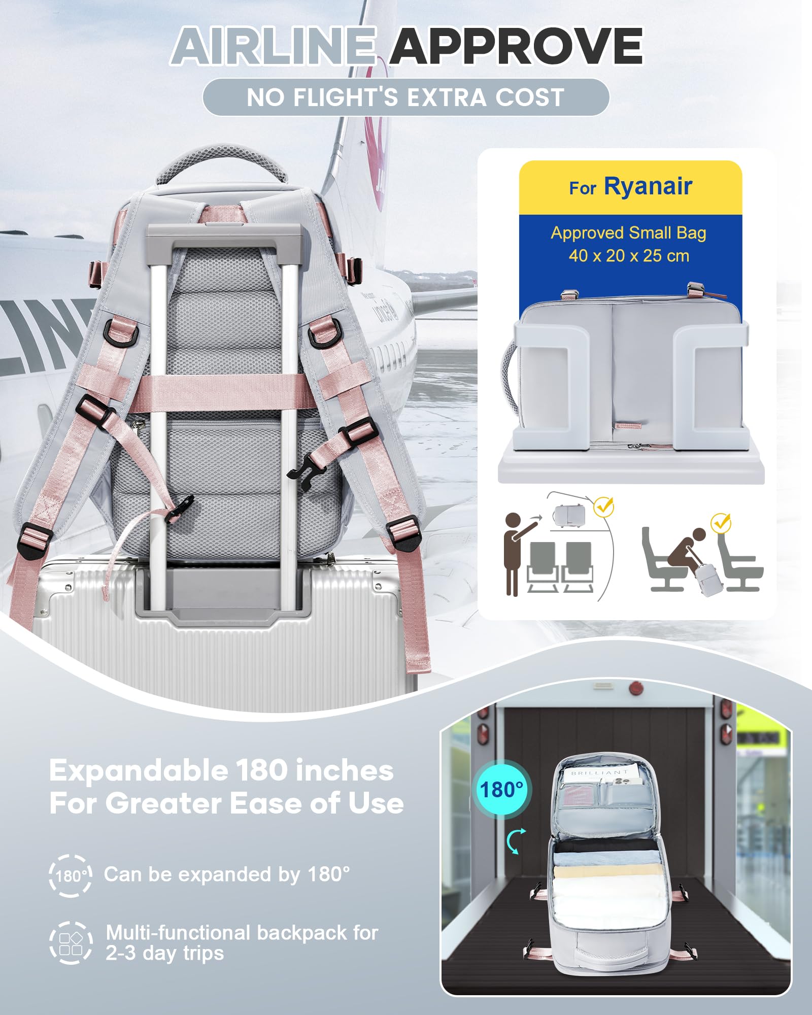 SZSYCN Torby podręczne Ryanair 40×20×25 Torba transportowa pod siedzeniem, plecak damski z przegrodą na buty, Plecak podróżny Easyjet z przegrodą na laptopa, Szary
