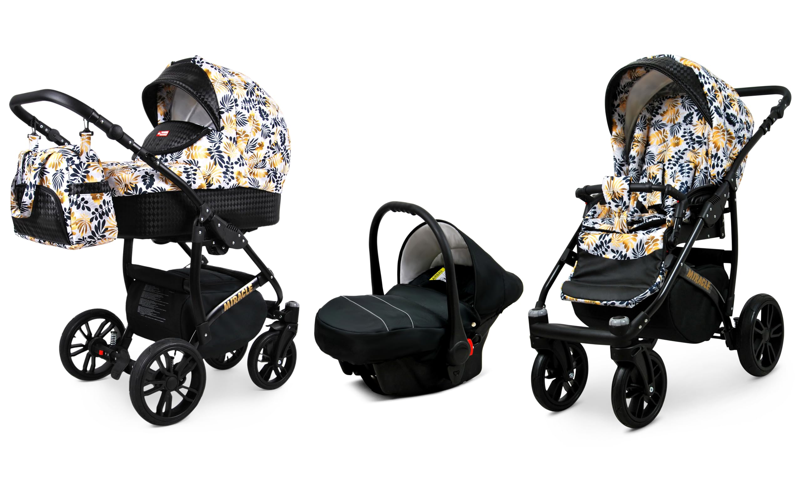 BabyLux® Carrito de Bebé Sistema de Viaje Set 3 en 1 - Miracle - incl. Capazo, Silla de Paseo, Silla Coche - Cochecito - con Bolso cambiador, Cubierta para la lluvia, Mosquitera etc.