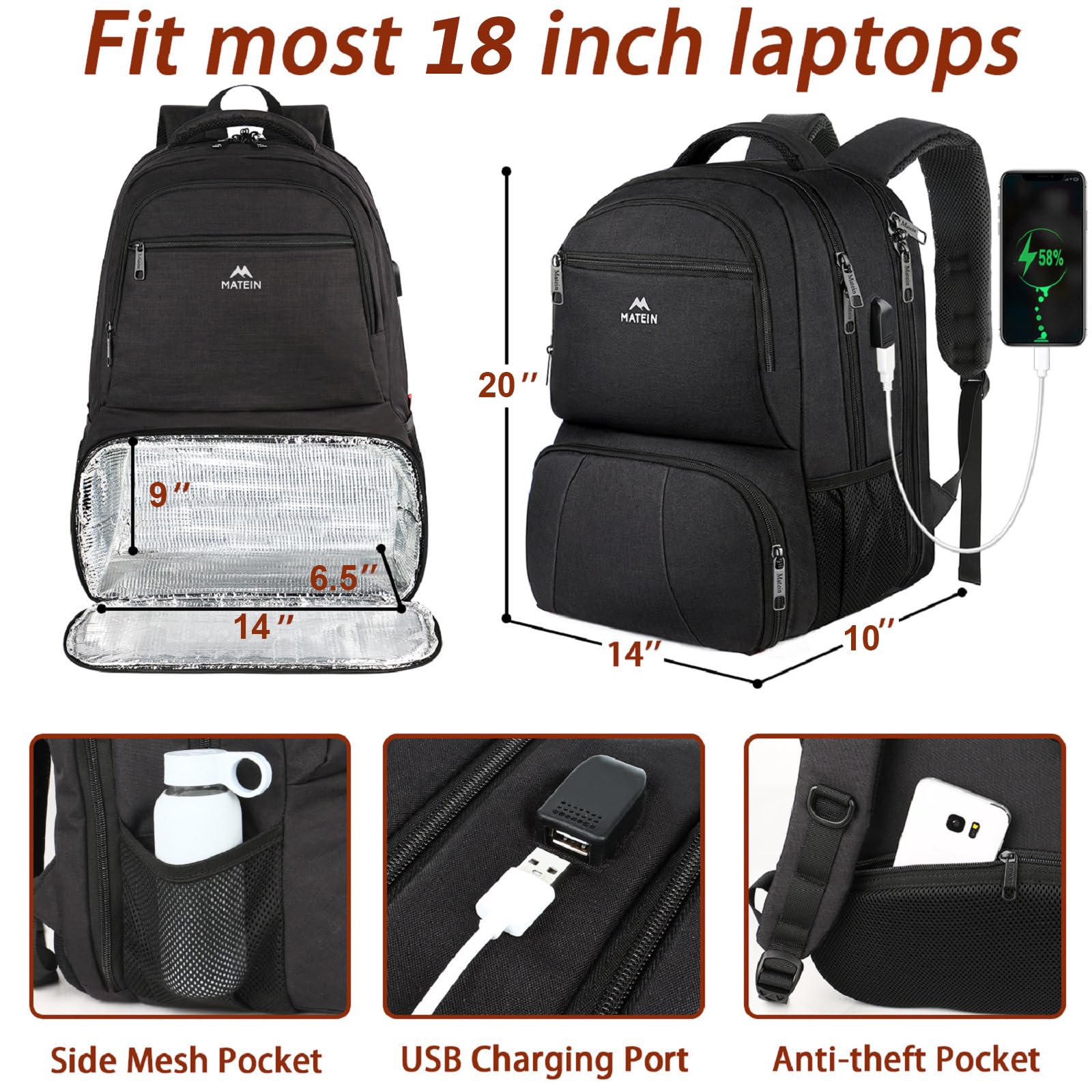 MATEIN Lunch Backpack for Men Work, 18 Inch Large Insulated Backpack ...