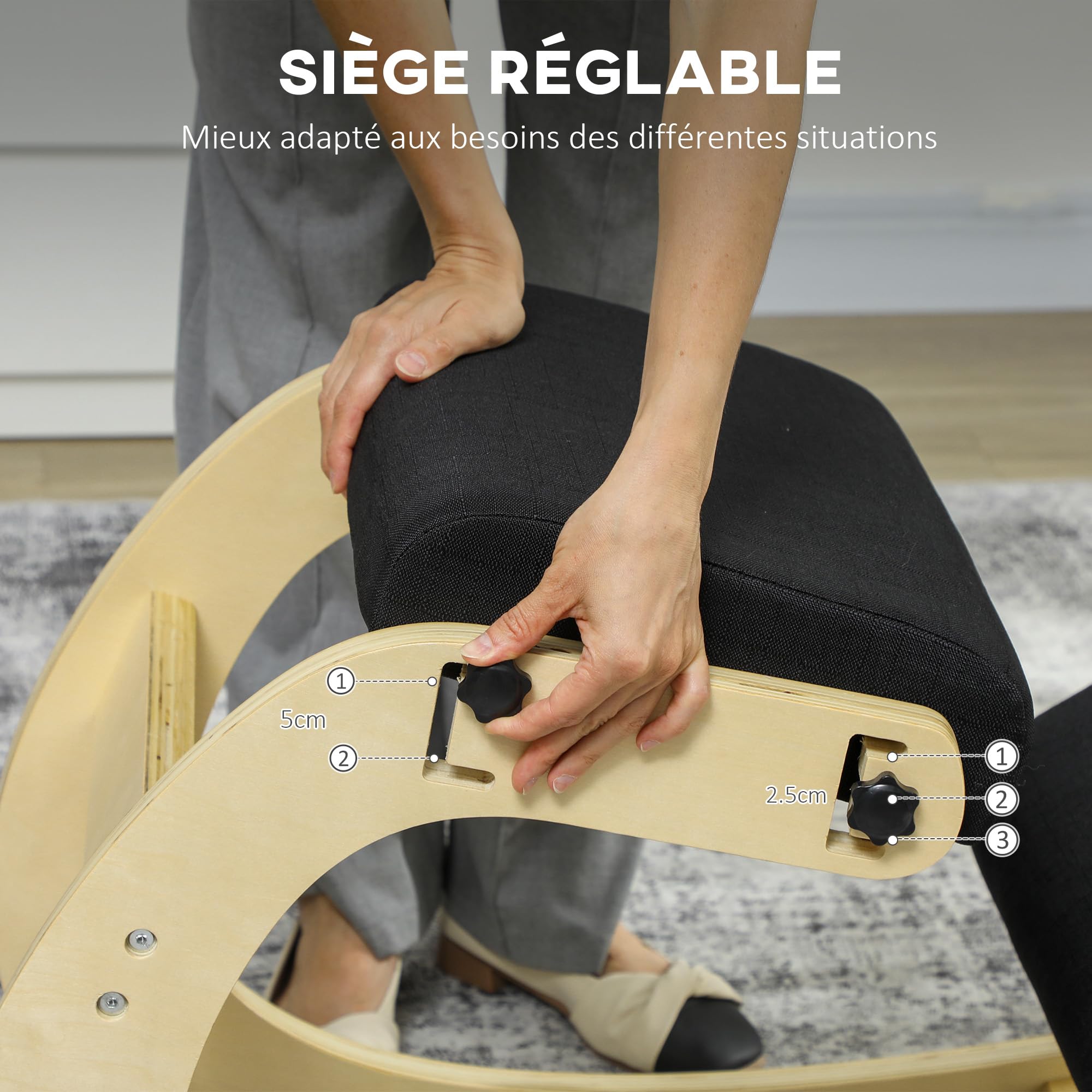 HOMCOM Asiento de Rodilla, Asiento Ergonómico de Madera basculante, Silla de Rodilla ajustable para Oficina en casa, Mejorar la Postura, Dolor de Espalda, Negro
