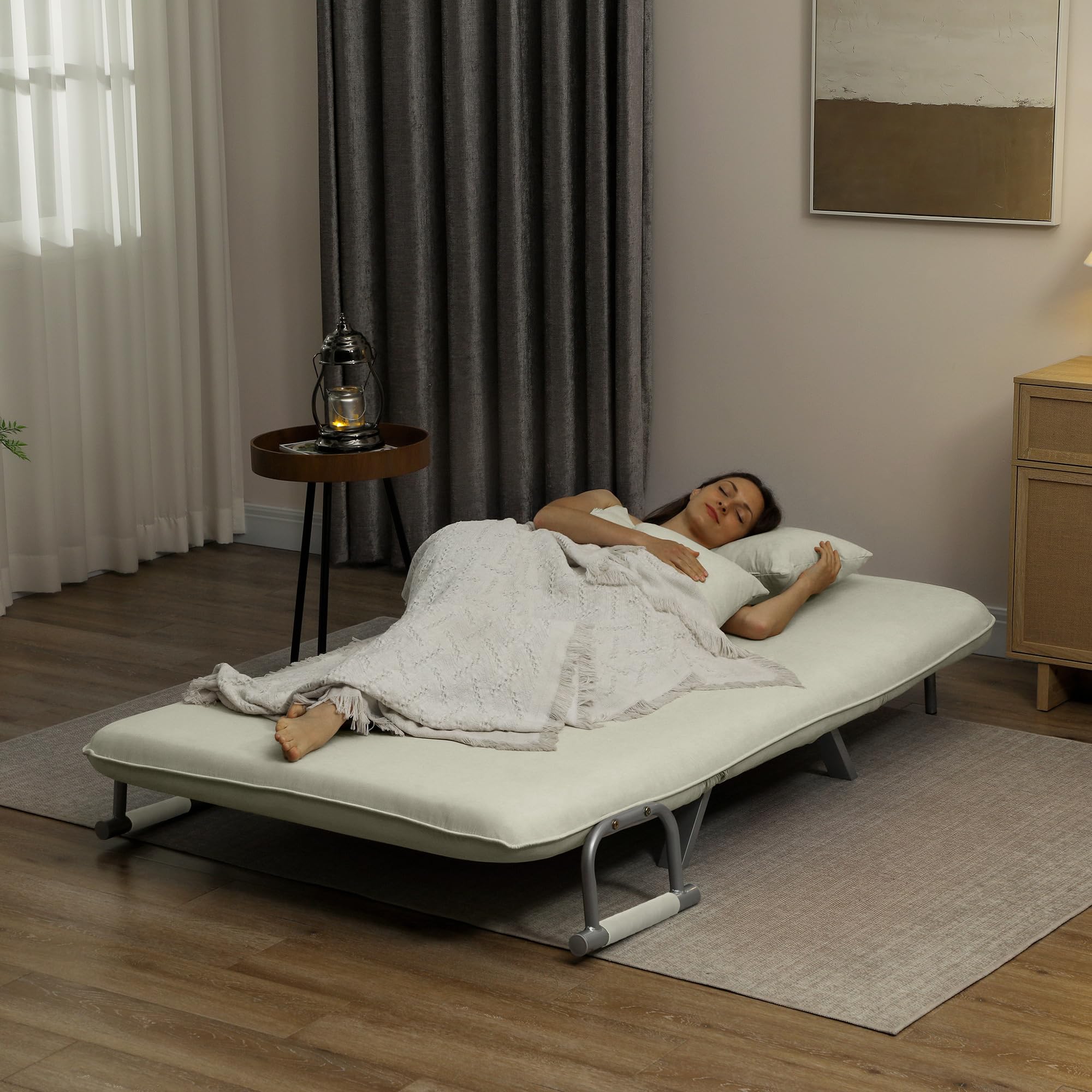 HOMCOM Sofá Cama de 2 Plazas 3 en 1 Sofá Cama Plegable Tapizado en Ante Sintético con Respaldo Ajustable de 5 Niveles y 2 Almohadas Acolchadas para Oficina Dormitorio Salón 111x80x78 cm Crema