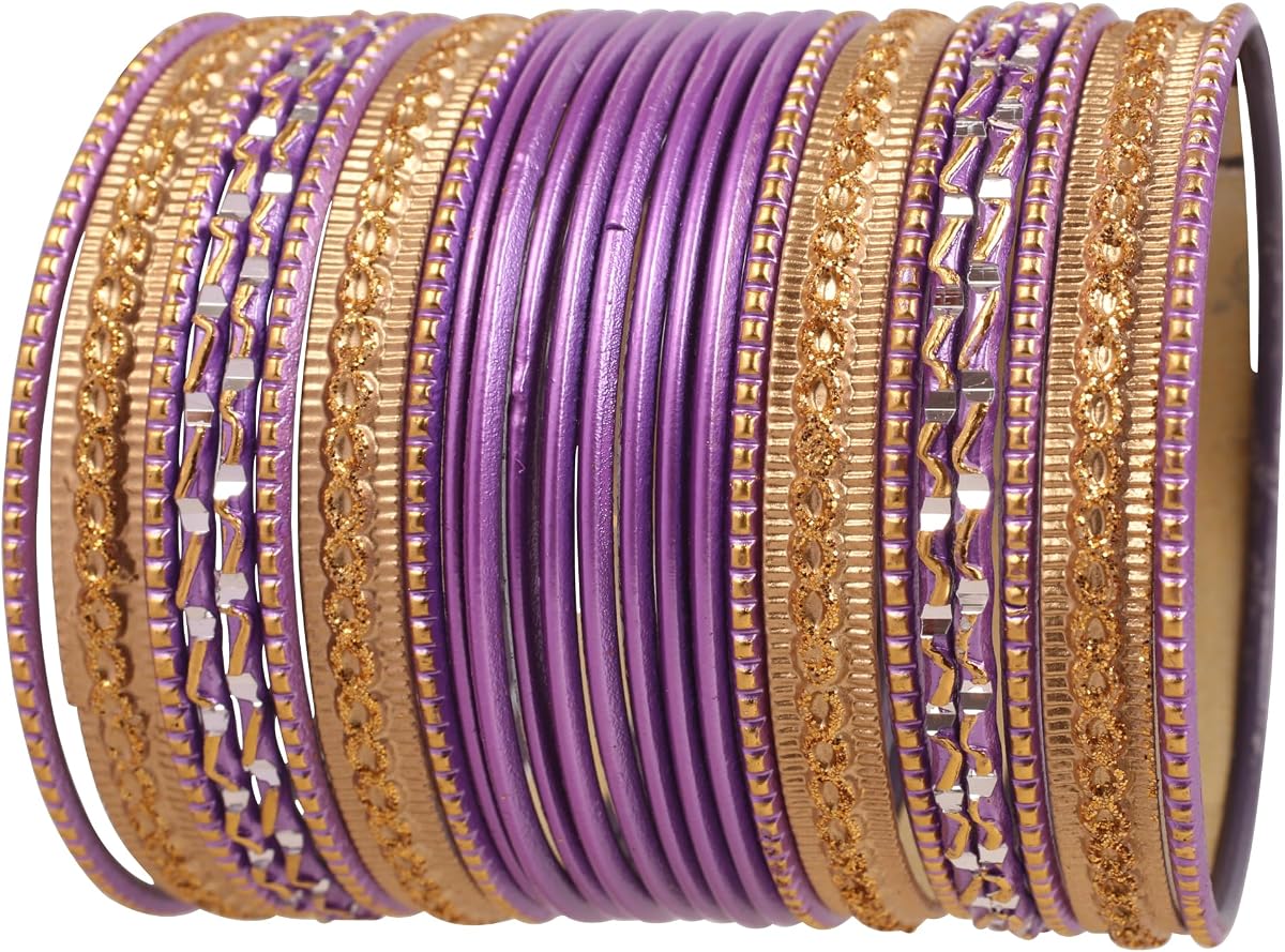 Indian Metal Bangles for Women Gold Alloy Bracelets desi 2 Dozen Bangle Collection Bollywood Women's Jewelry Set Multi Stacking Wide Chunky Textured Golden Set of 24 in Gold or White Tone