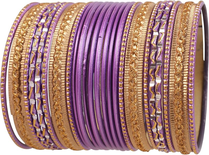 Indian Metal Bangles for Women Gold Alloy Bracelets desi 2 Dozen Bangle Collection Bollywood Women's Jewelry Set Multi Stacking Wide Chunky Textured Golden Set of 24 in Gold or White Tone