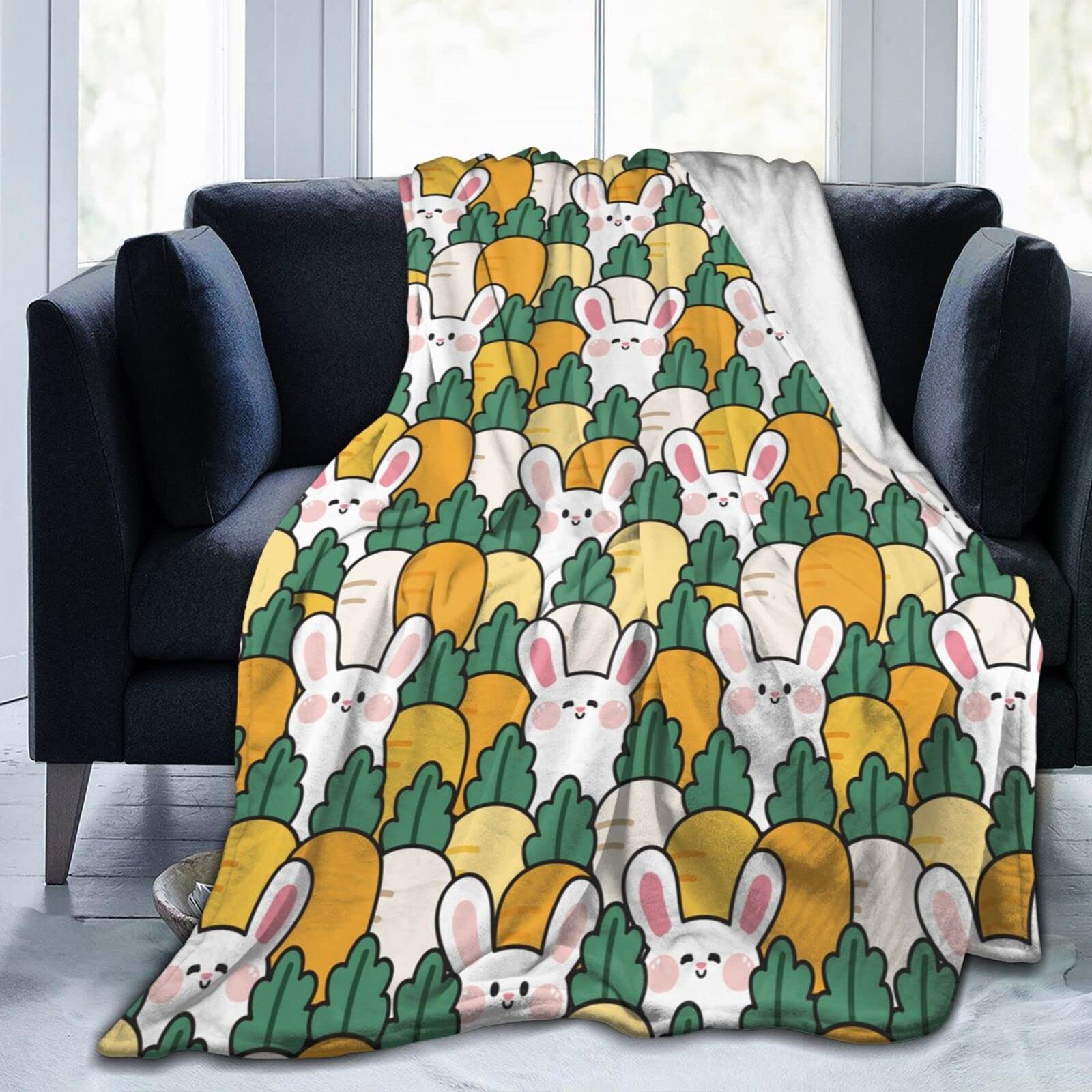 Lsjuee Cute Rabbit with Carrot Throw Blanket Soft Warm Cozy Lightweight Blankets Easter Bunny Flannel Blanket for Sofa Couch Bed Office Holiday Decorative 60"X50"