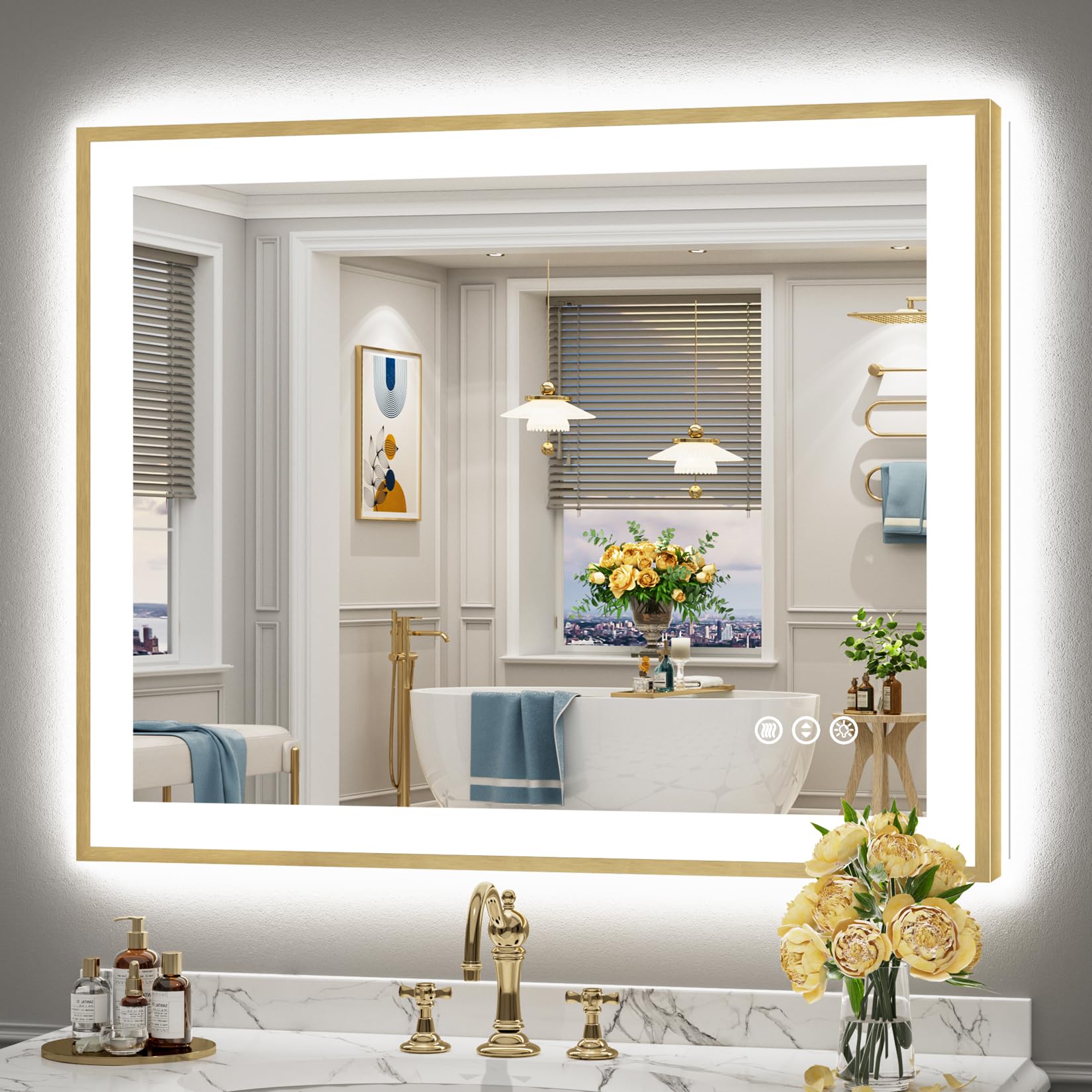 40x32 Gold LED Bathroom Mirror with Lights, Lighted Vanity Mirror