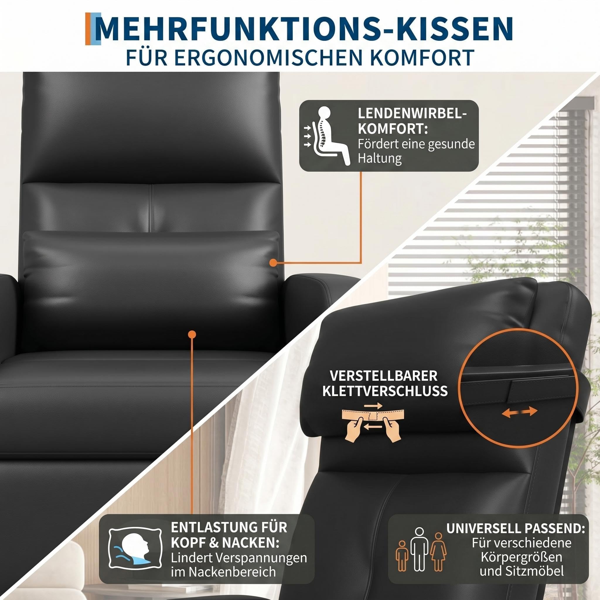 Elektrischer Massagesessel mit Aufstehhilfe, 8 Massage-Modi | Heizfunktion, Liegefunktion, Hohe Rückenlehne, gepolsterter PU-Ledersitz, USB-Anschluss, Seitentaschen & 2 Getränkehalter