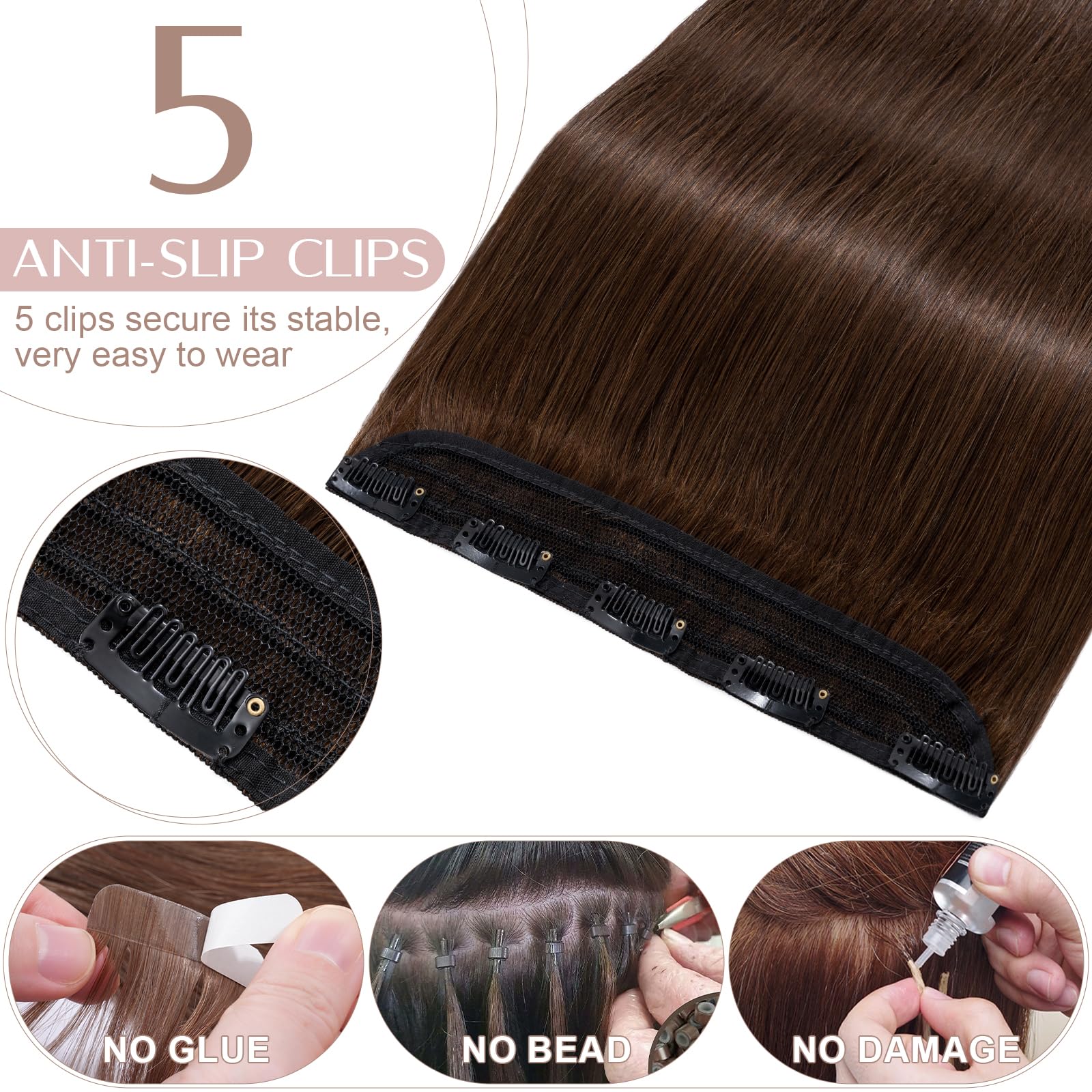 8"(20cm) SEGO Extensiones de Clip de Pelo Natural [#4 Marrón Medio] Cabello Humano 100% Remy Una Pieza Lisa Postizos Pelucas Human Hair (40g) - 3