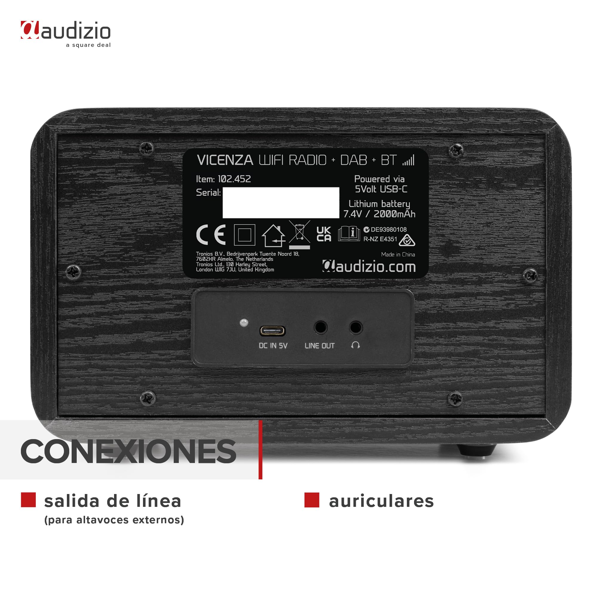 Audizio Vicenza Radio Digital DAB+ FM e Internet Bluetooth 5.0, Batería Recargable, Pantalla a Color, Negro WiFi