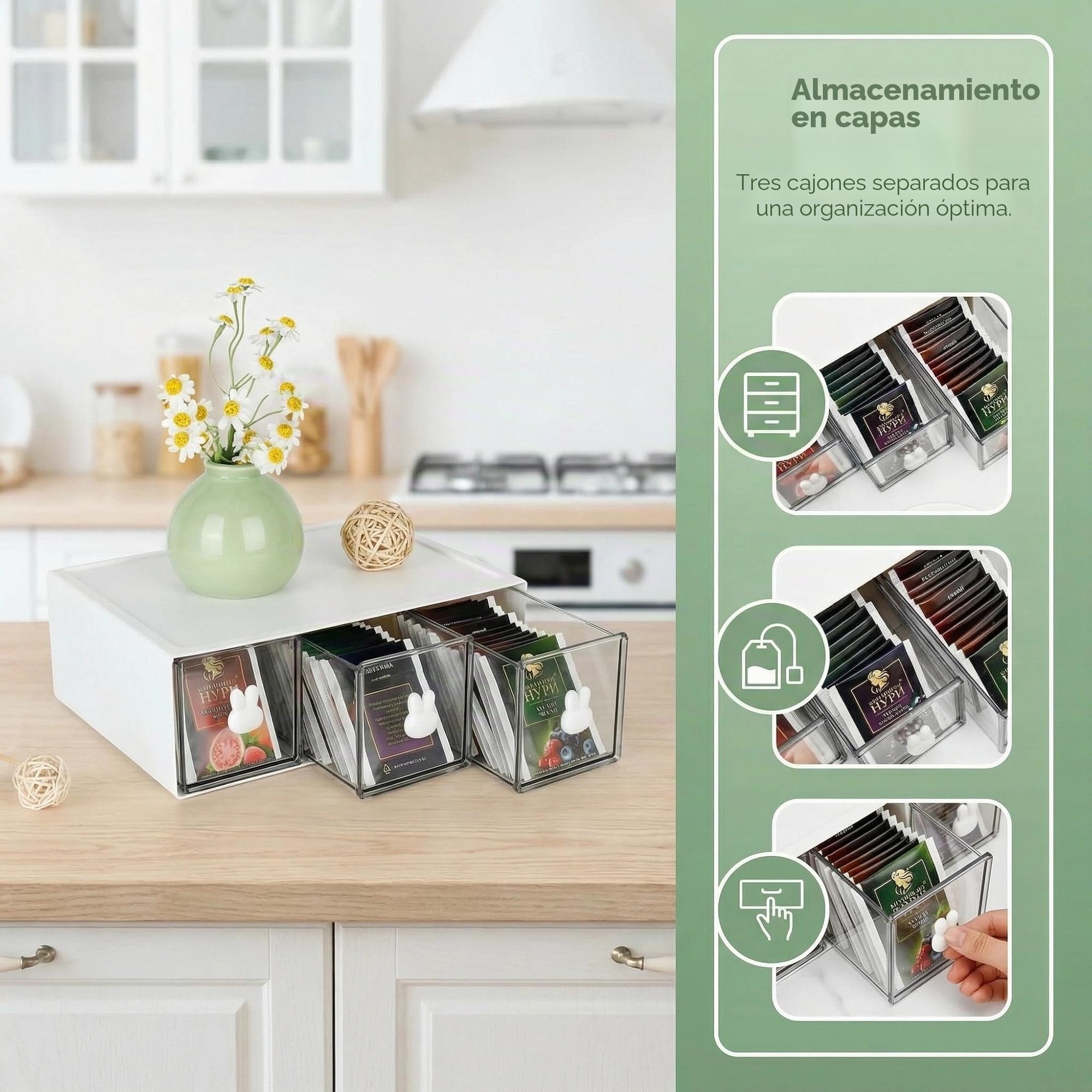 Cajonera para Té Blanca 23×17×8 cm | Caja de Té Transparente con 3 Cajones | Organizador Apilable de Plástico PP | Para Té, Café, Especias y Pequeños Objetos en Cocina/Oficina/Baño