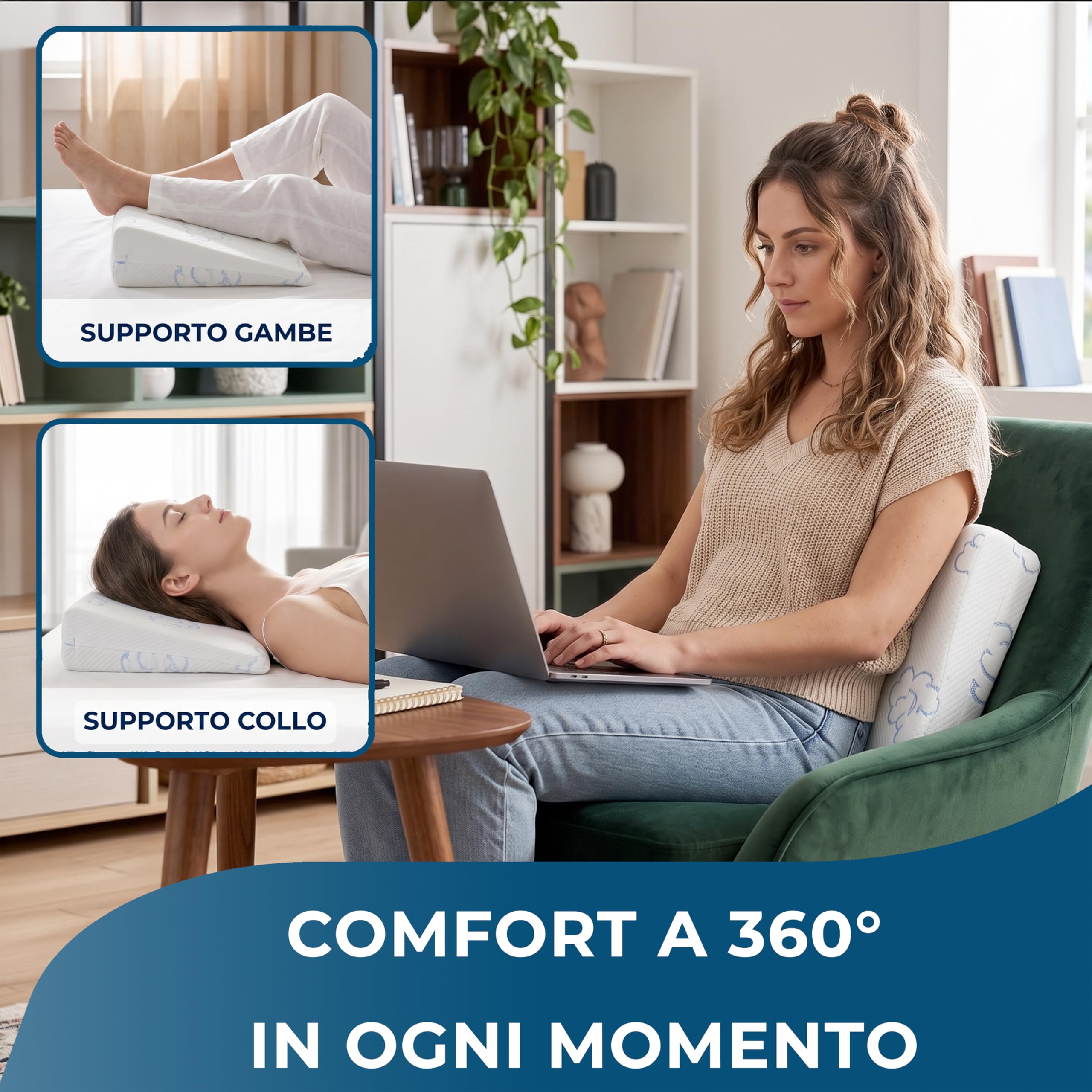 Manami Cuscino a Cuneo, Inclinazione Ergonomica 15°, Sfoderabile e Lavabile, Cuscino Lettino,Traspirante, Made in Italy