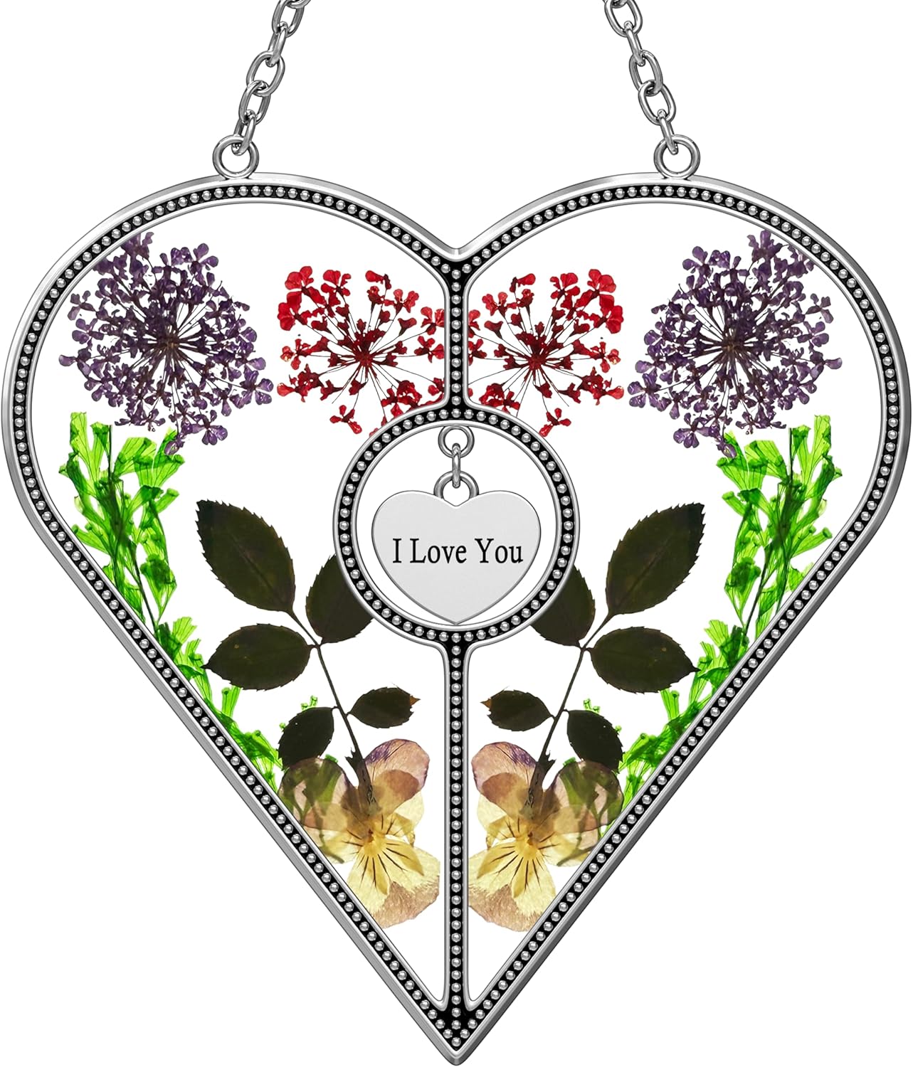 KY&BOSAM I Love You Heart Suncatcher Mom Gifts Stained Glass Panels Suncatcher for Windows Hangings Wind Chime with Pressed Flower and Metal Heart Charm Gifts for Mom Mothers Day Wedding Party Decor