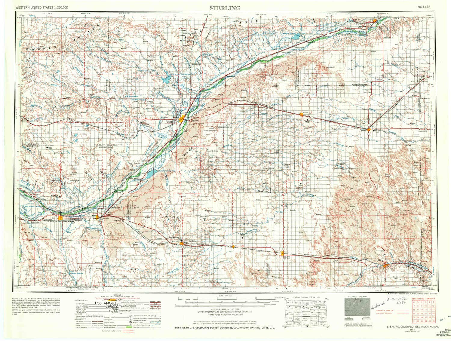 YellowMapsSterling CO topo map, 1:250000 Scale, 1 X 2 Degree, Historical, 1954, Updated 1964, 22.2 x 29.3 in