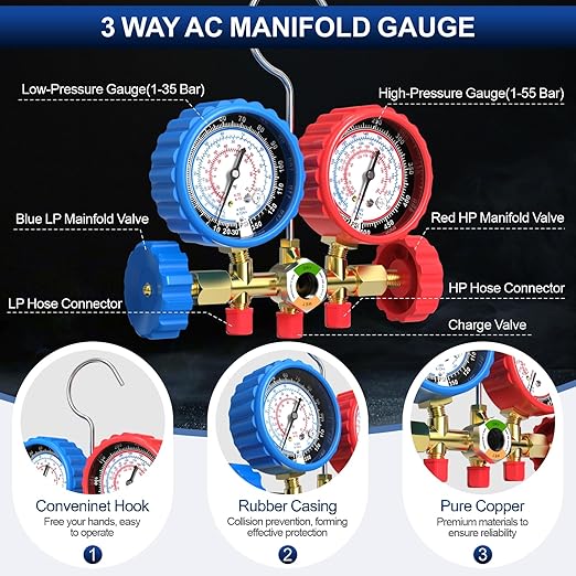 Set de Manómetros AC 3 Vías Luney para R134a R12 R22 R502 miniatura 3