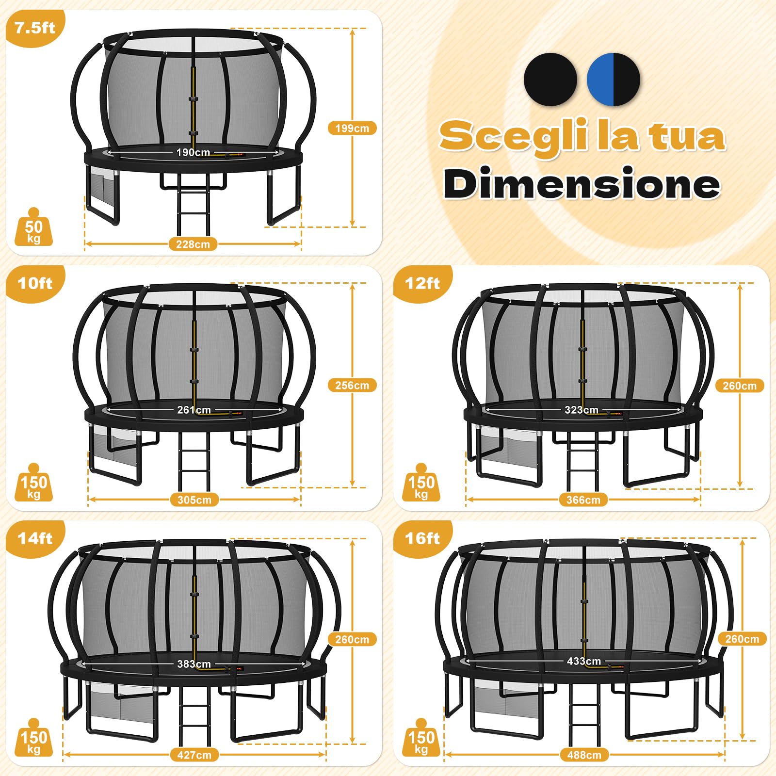 JUMMICO Trampolino elastico da giardino per bambini, 1,8 m, 2,3 m, 3,0 m, 3,6 m, 4,3 m, 4,9 m, rete di sicurezza esterna e pali imbottiti, per bambini interni ed esterni, fino a 150 kg