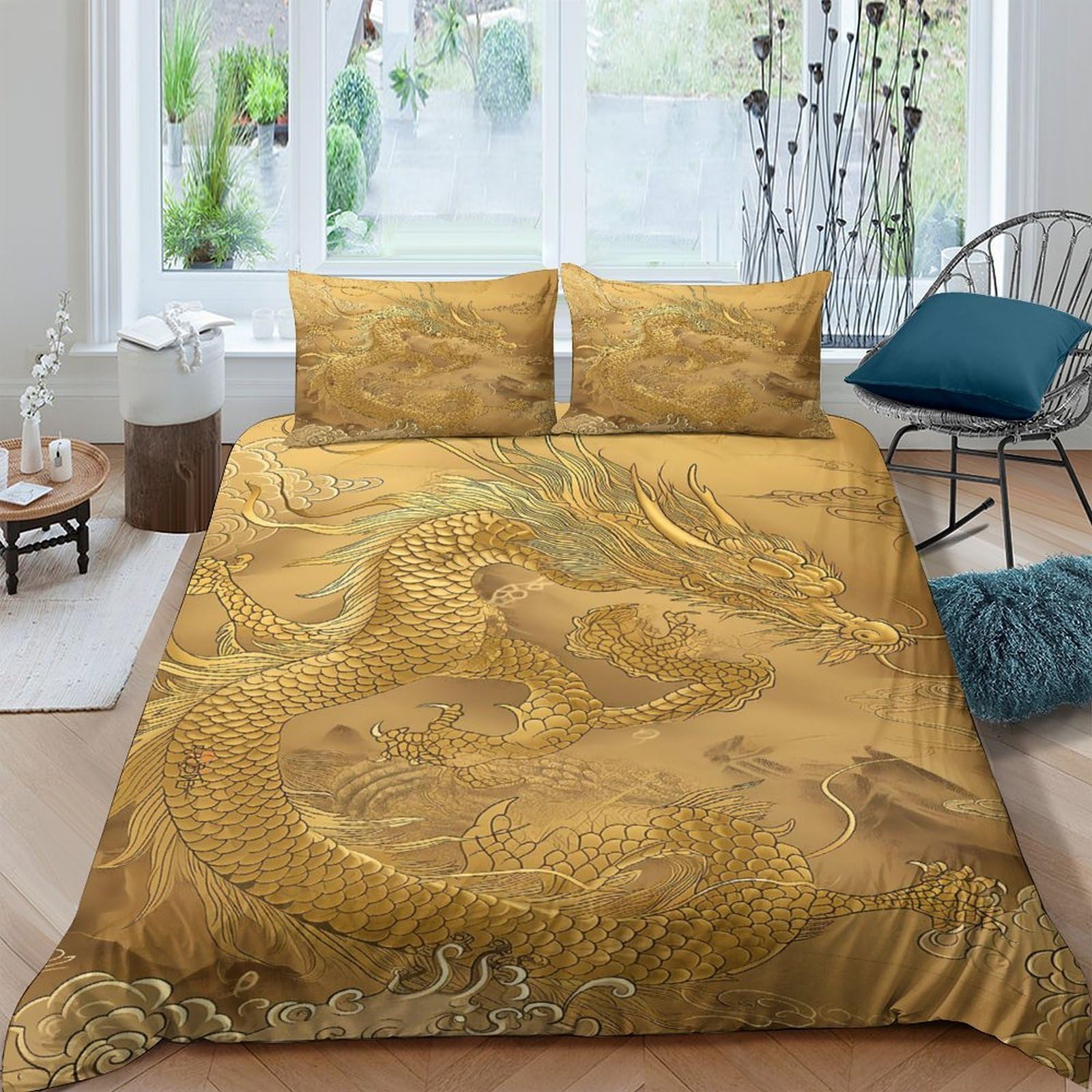 Ctjqhvkz Style-7 3D Printed Golden Dragon Fitted Sheet Microfiber Anti-Slip Mattress Cover For Bedroom Guest Room Modern Chinese Decor Single（135X200cm）