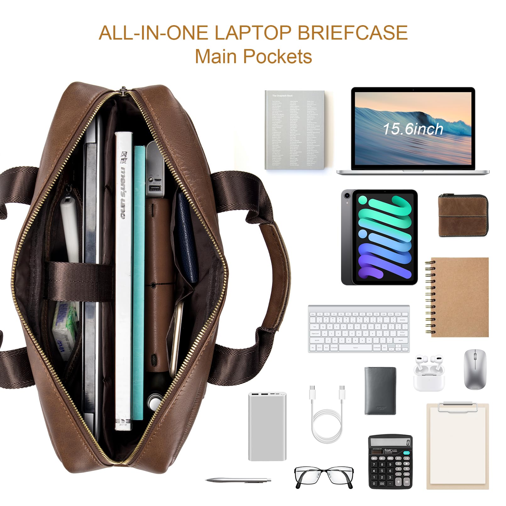 SPAHER Portadocumentos Hombre Cuero Portafolios Hombre Maletin Portatil 15,6 Pulgadas Maletín Ordenador Maletín de Trabajo Cuero Bolso Trabajo Bolso Negocios