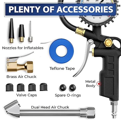 Miniatura 9 de Inflador de neumáticos con manómetro  dial brillante grande, portabrocas de aire giratorio con medidor y accesorios para compresor de aire  100 PSI