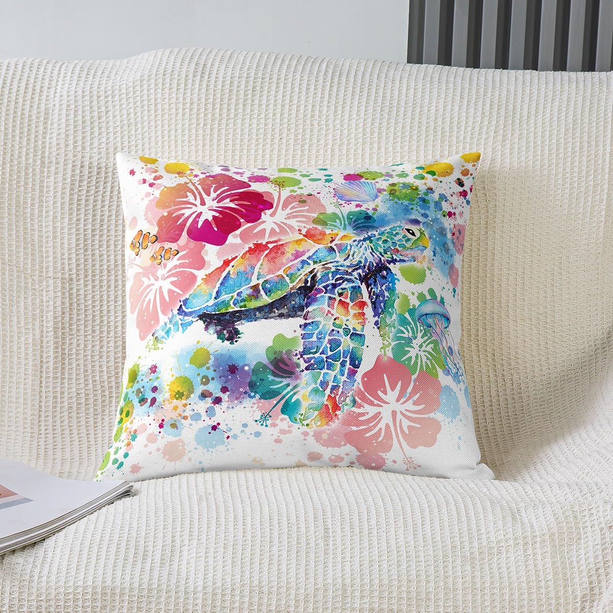 Ramirar Federa Cuscino 45x45 Cm Con Pittura Tartaruga Marina – Cotone E Lino, Stampa Artistica Blu E Verde