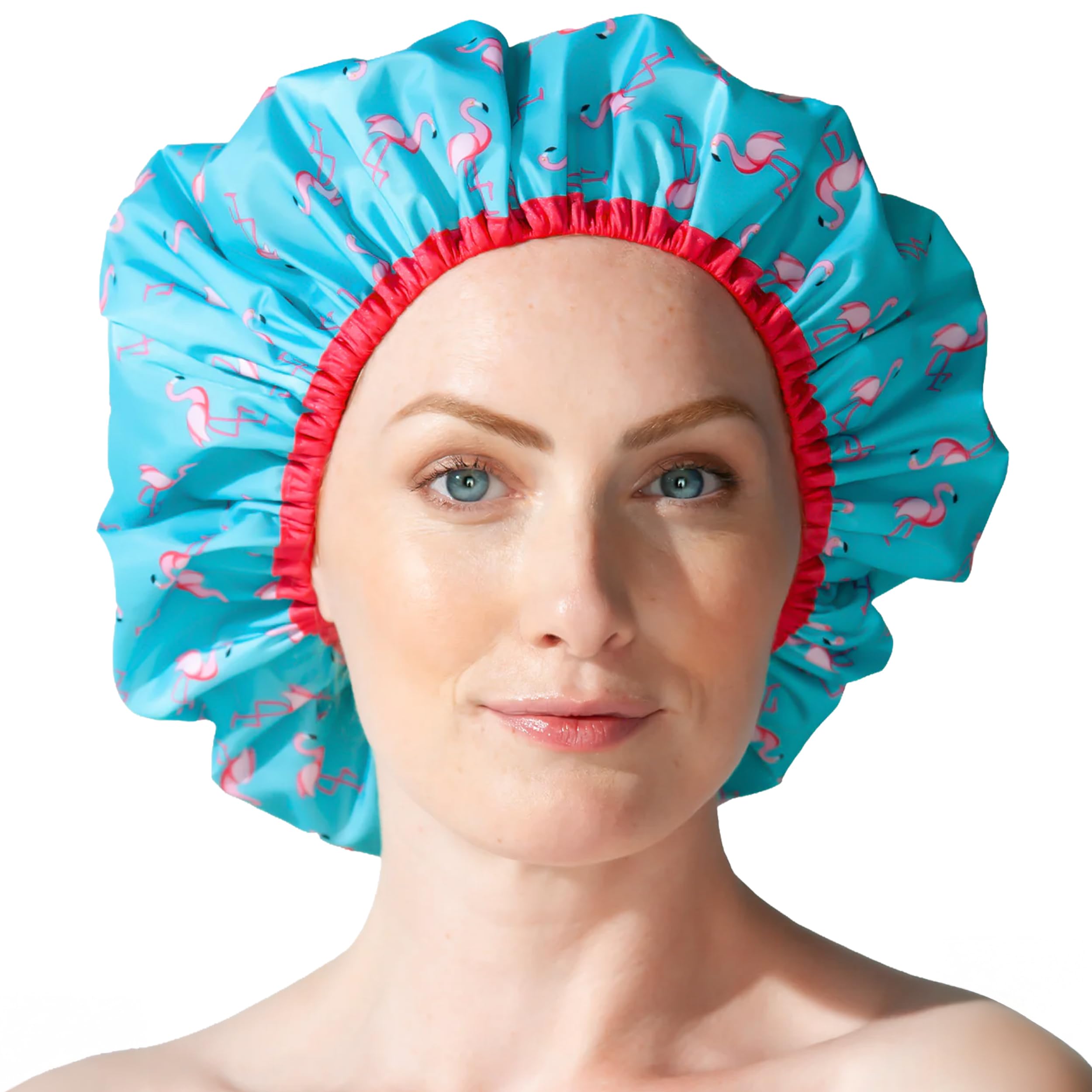 Reusable Shower Cap & Bath Cap & Lined, Oversized Waterproof Shower Caps Large Designed for all Hair Lengths with PEVA Lining & Elastic Band Stretch Hem Hair Hat - Fashionista Flamingo Party
