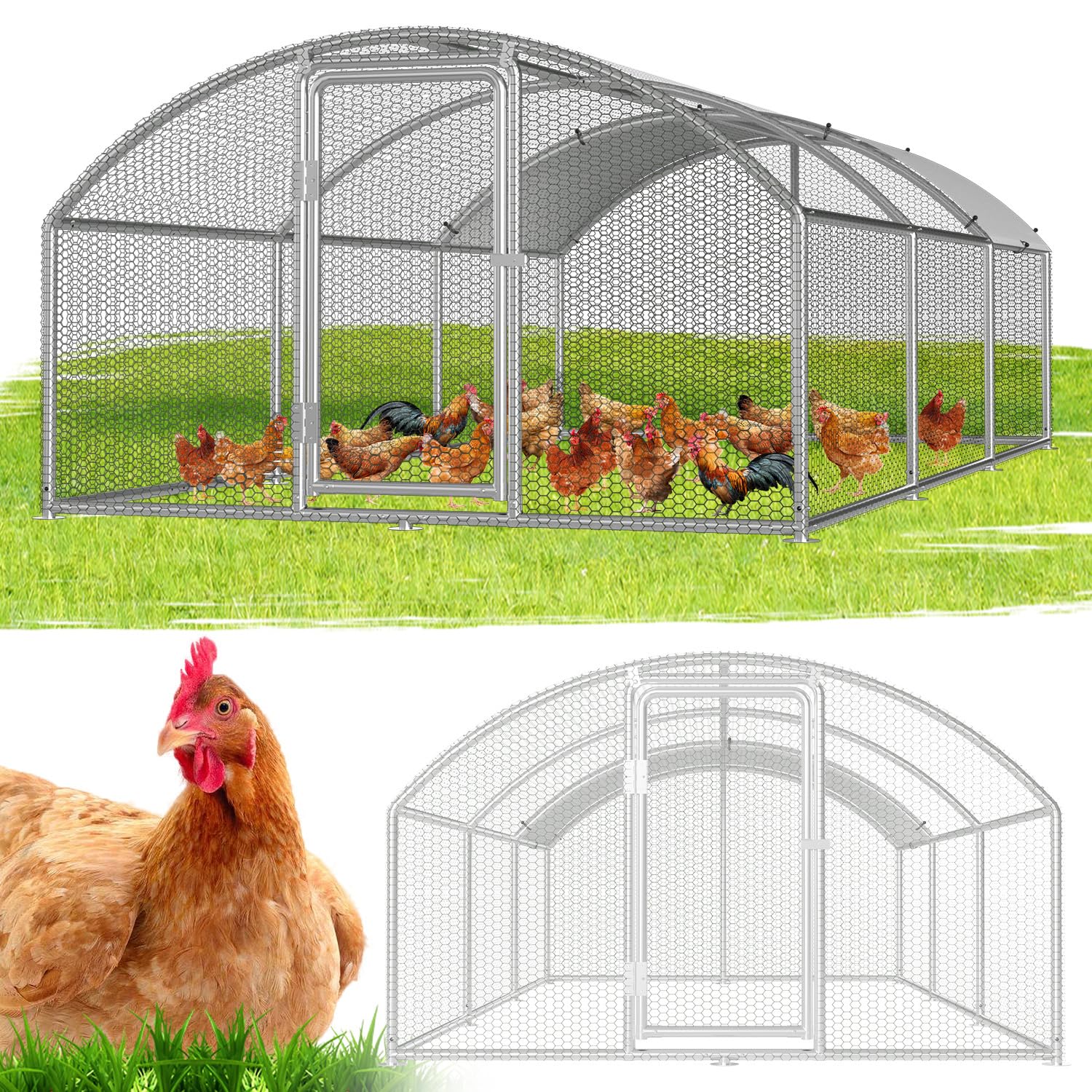 Freilaufgehege Hühnerstall, 3x6x2m Hühnerhaus Kleintierstall mit Sicherheitsschloss und Wasserdichtes Abdeckung, Kuppeldach Freigehege für Hühner,Vogelkäfig, Pflanzen