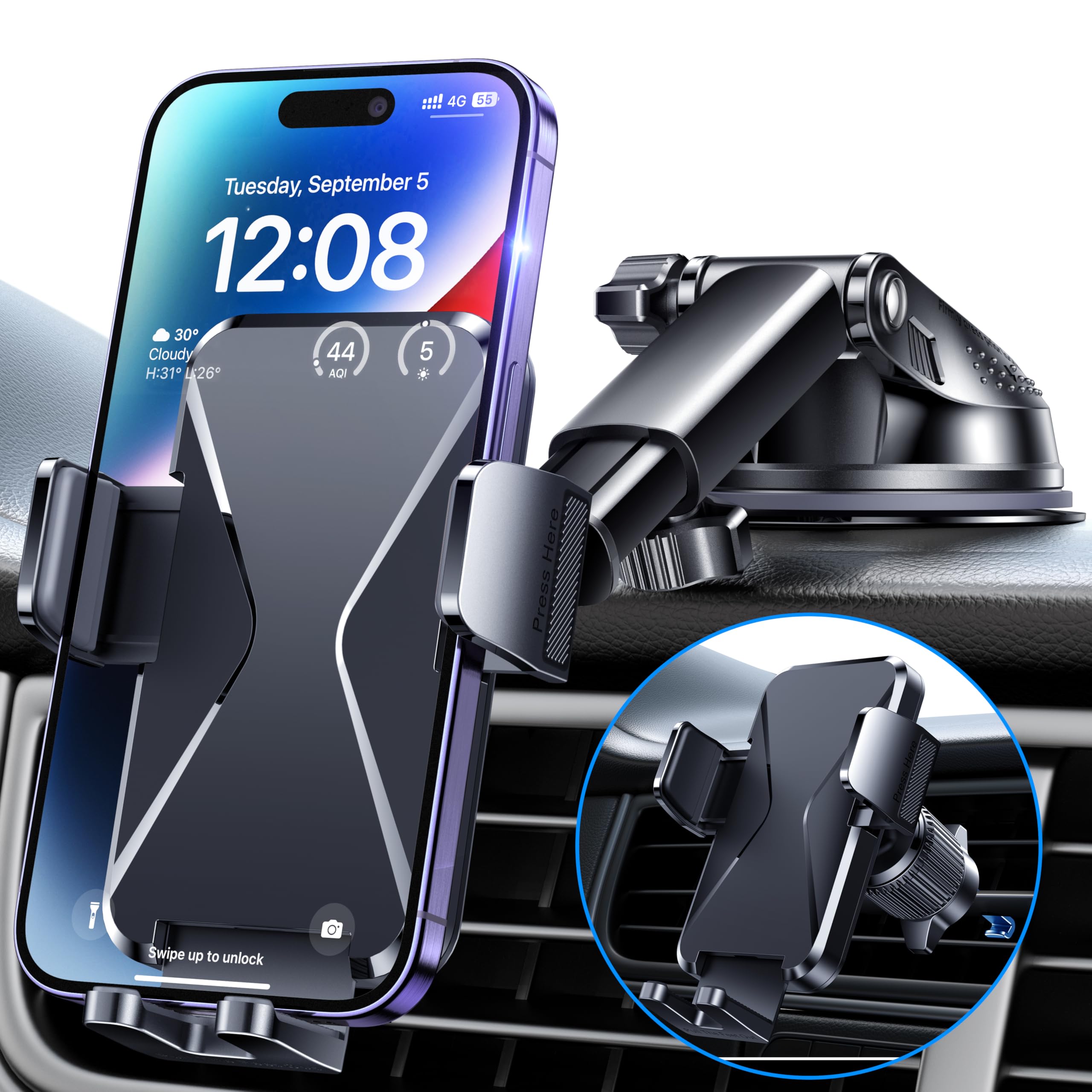 Car Phone Holder Mount, [Military-Grade Suction & Super Sturdy Base] 3 in 1 Universal Cell Phone Holder Car Dashboard Windshield Air Vent Hands Free Car Mount for iPhone Android