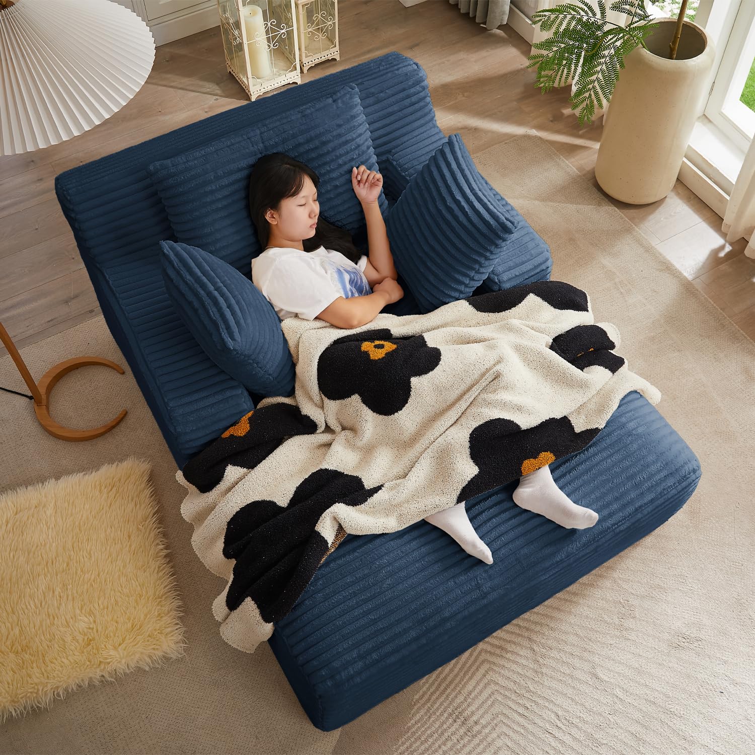 50 Inches Chaise Lounge Indoor, Oversized Chaise Lounge Chair with 3 Throw Pillows and Armrests, Corduroy Upholstered Plush Sofa Bed Lazy Chair Bed Sleeper Chair for Living Room Apartment (Blue)