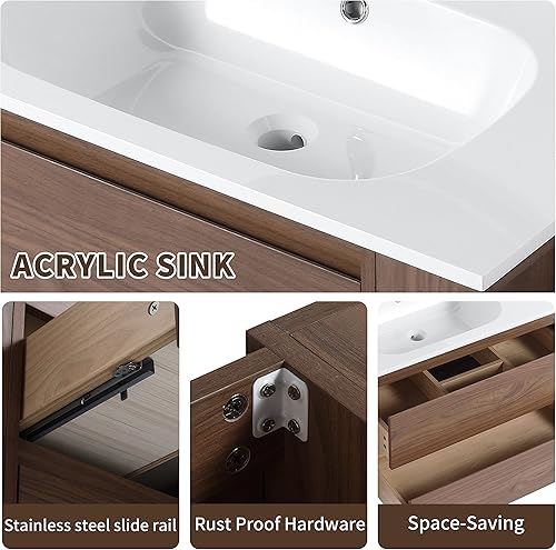 Miniatura 6 de Pvillez Juego de tocador de baño de 30 pulgadas con lavabo, montado en la pared con lavabo de gel blanco brillante y estante abierto ajustable,