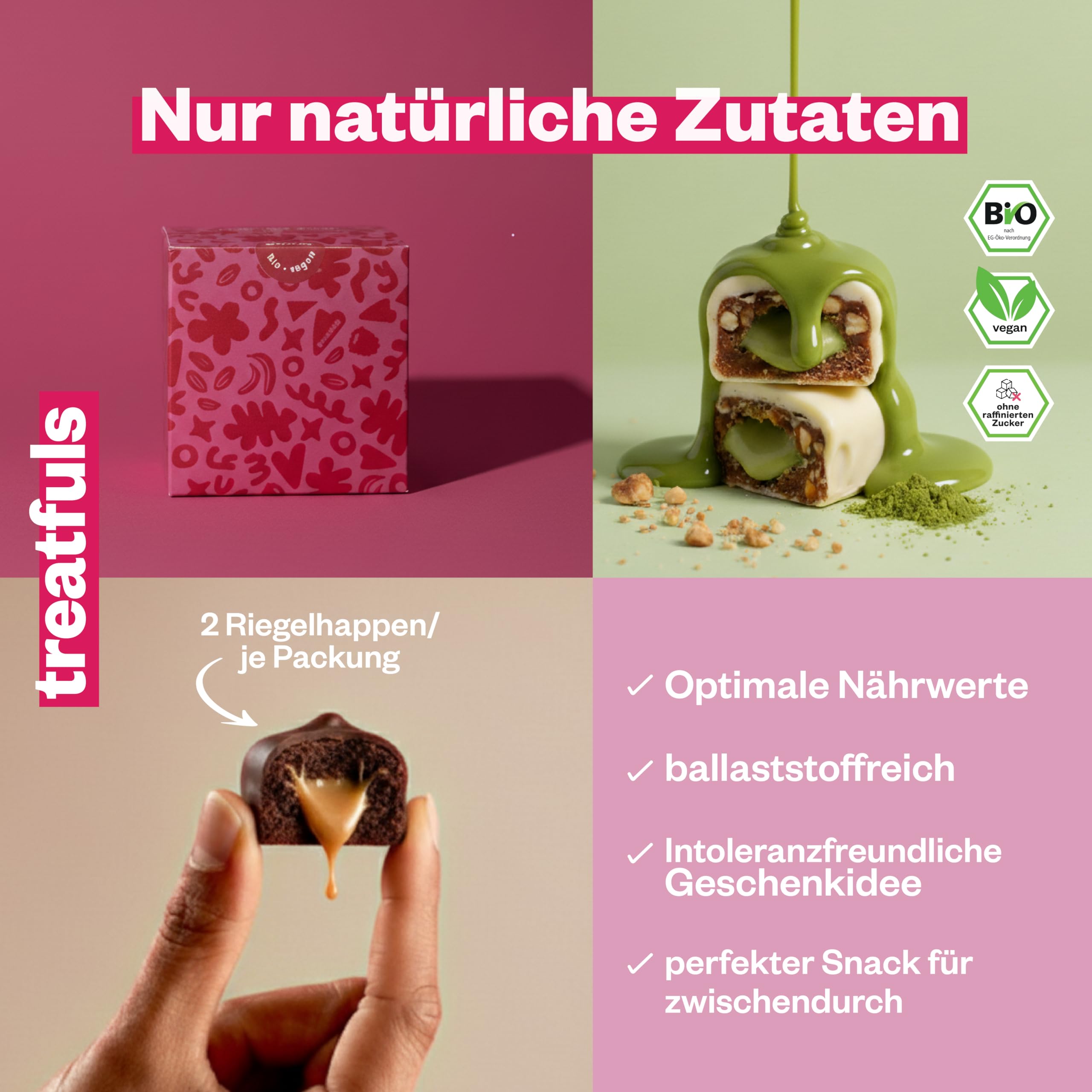 treatfuls "Genussbox 7 Sorten" - 14 Schokoriegel - natürlich darmfreundlich - vegan - ohne Soja & Gluten - mit Datteln gesüßt